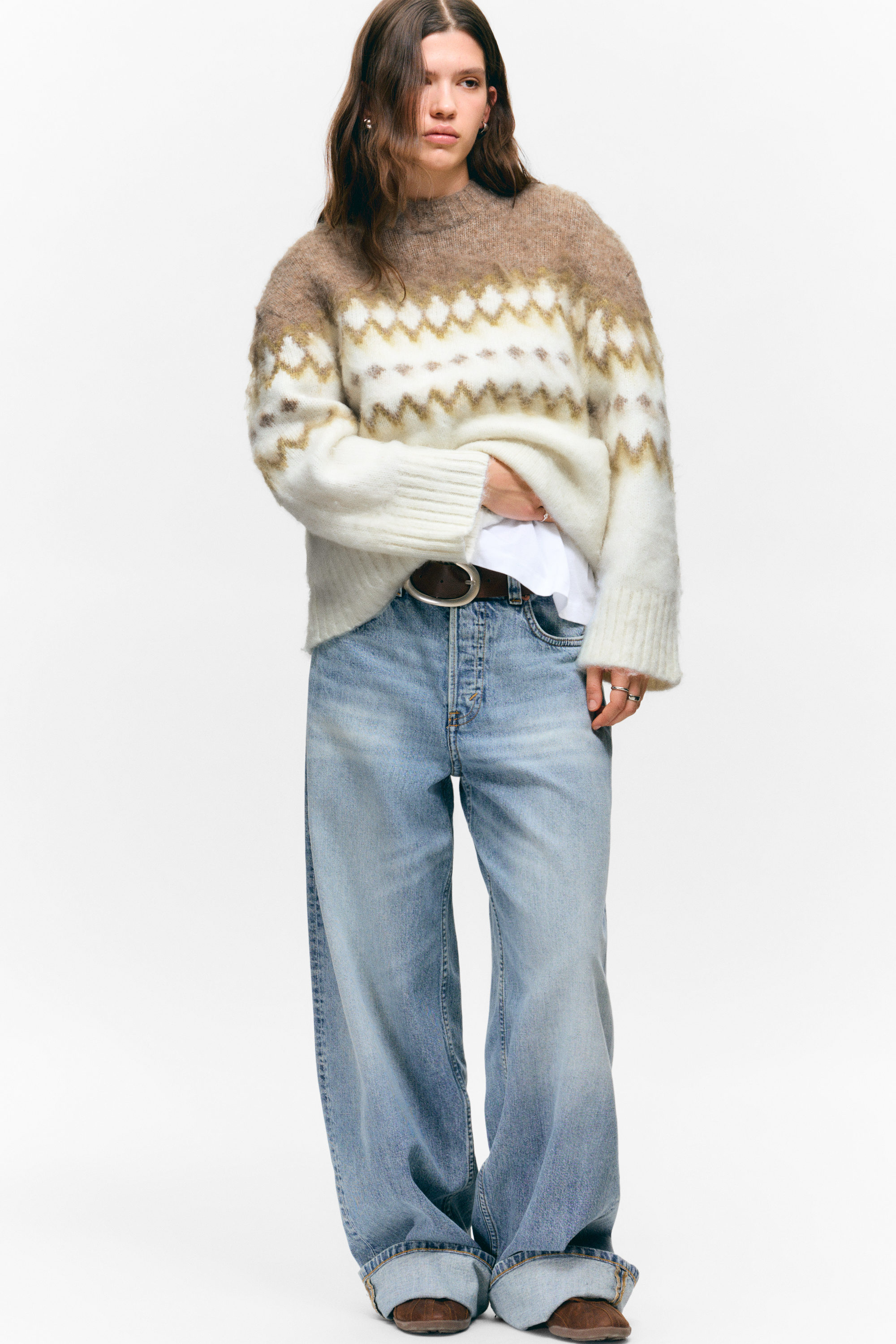 White/Dark Beige Fairisle - Relaxed Fit Fluffy Knit Sweater - 4