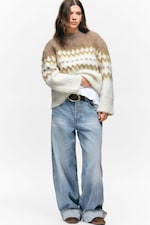 Blanc/beige foncé jacquard - Pull en maille duveteuse coupe décontractée - 2