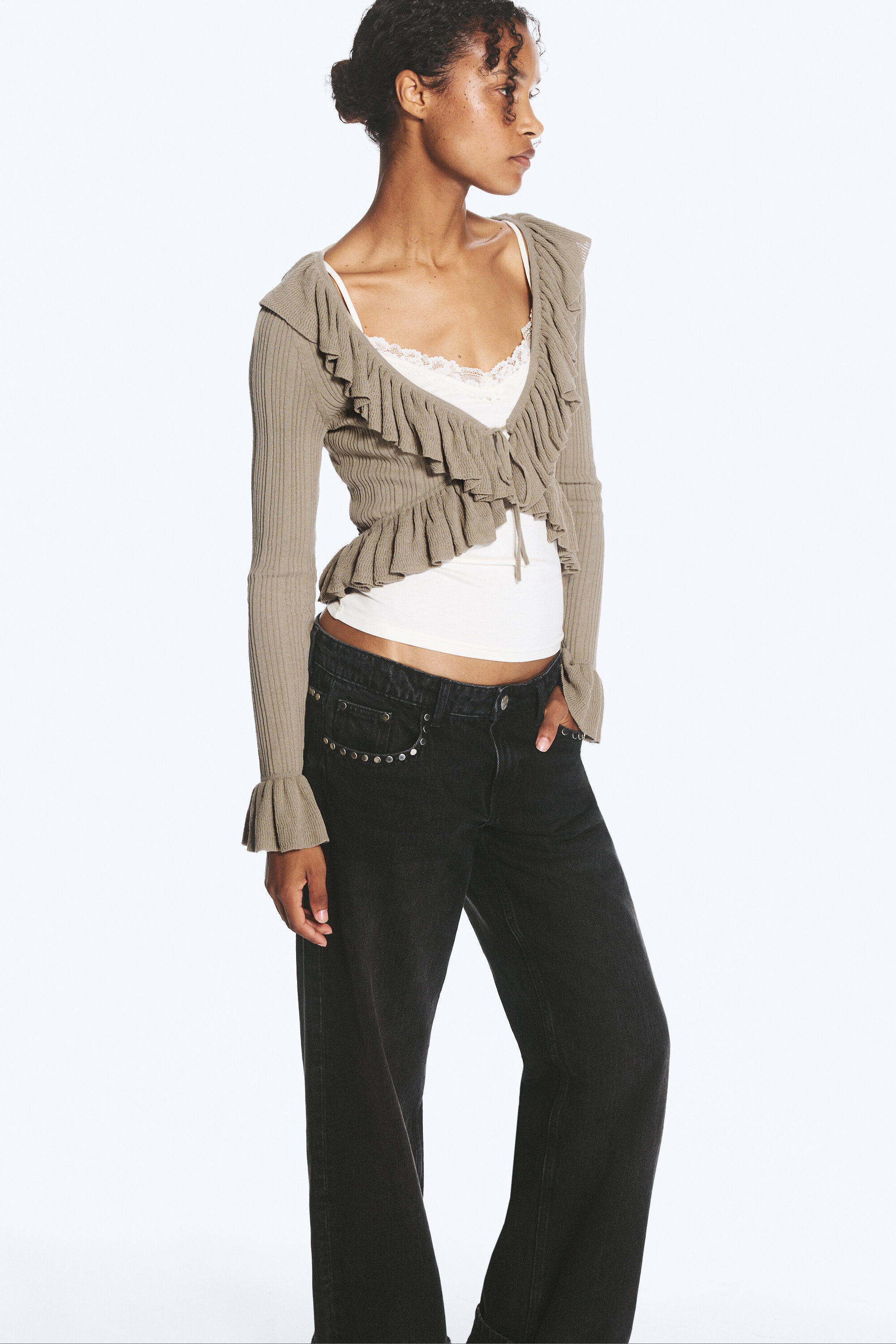 yulia b frilled knitted v-neck cardigan - Dusty Khaki Green | Monki EU