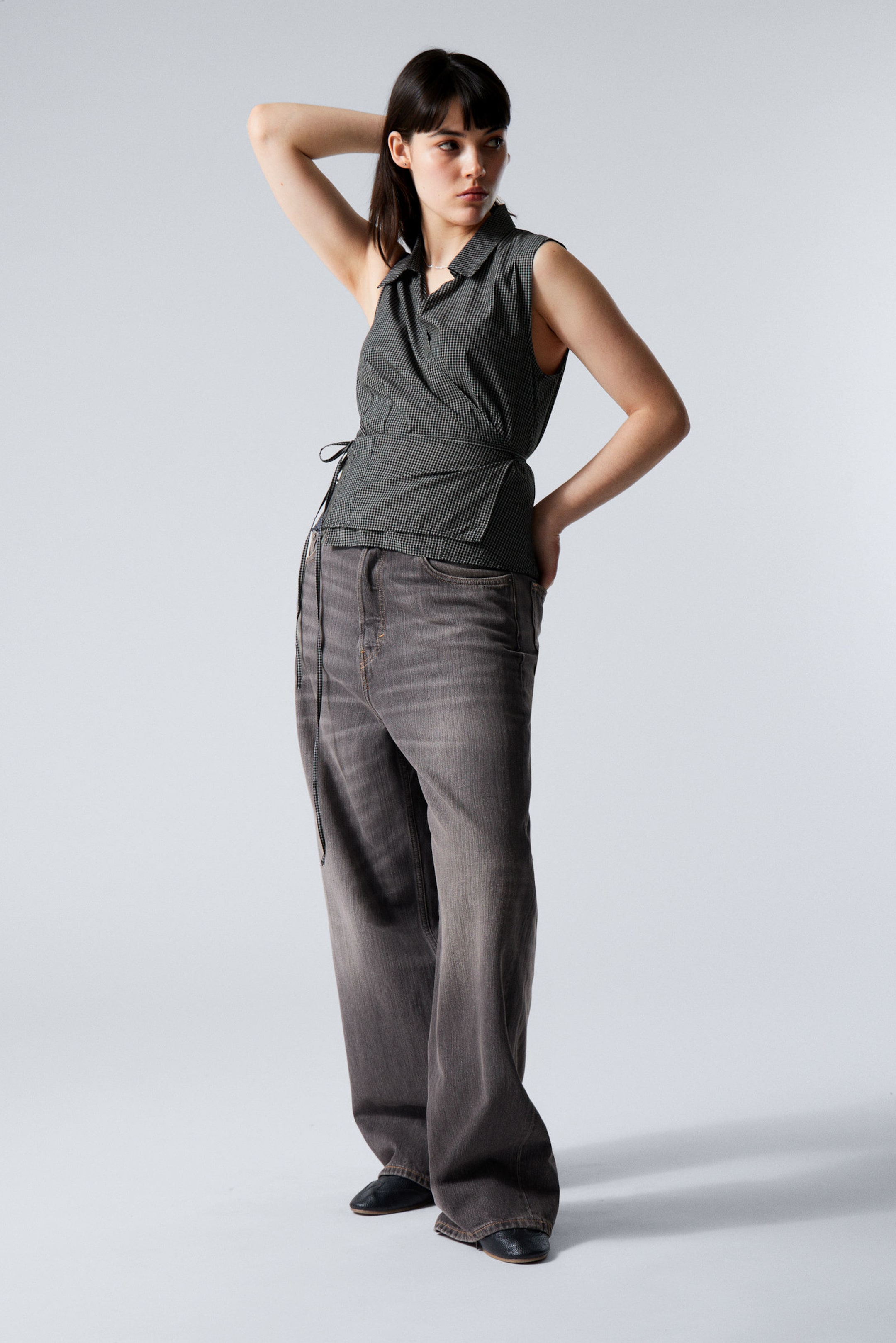 Checked Black - Sleeveless Cotton Wrap Top - 2