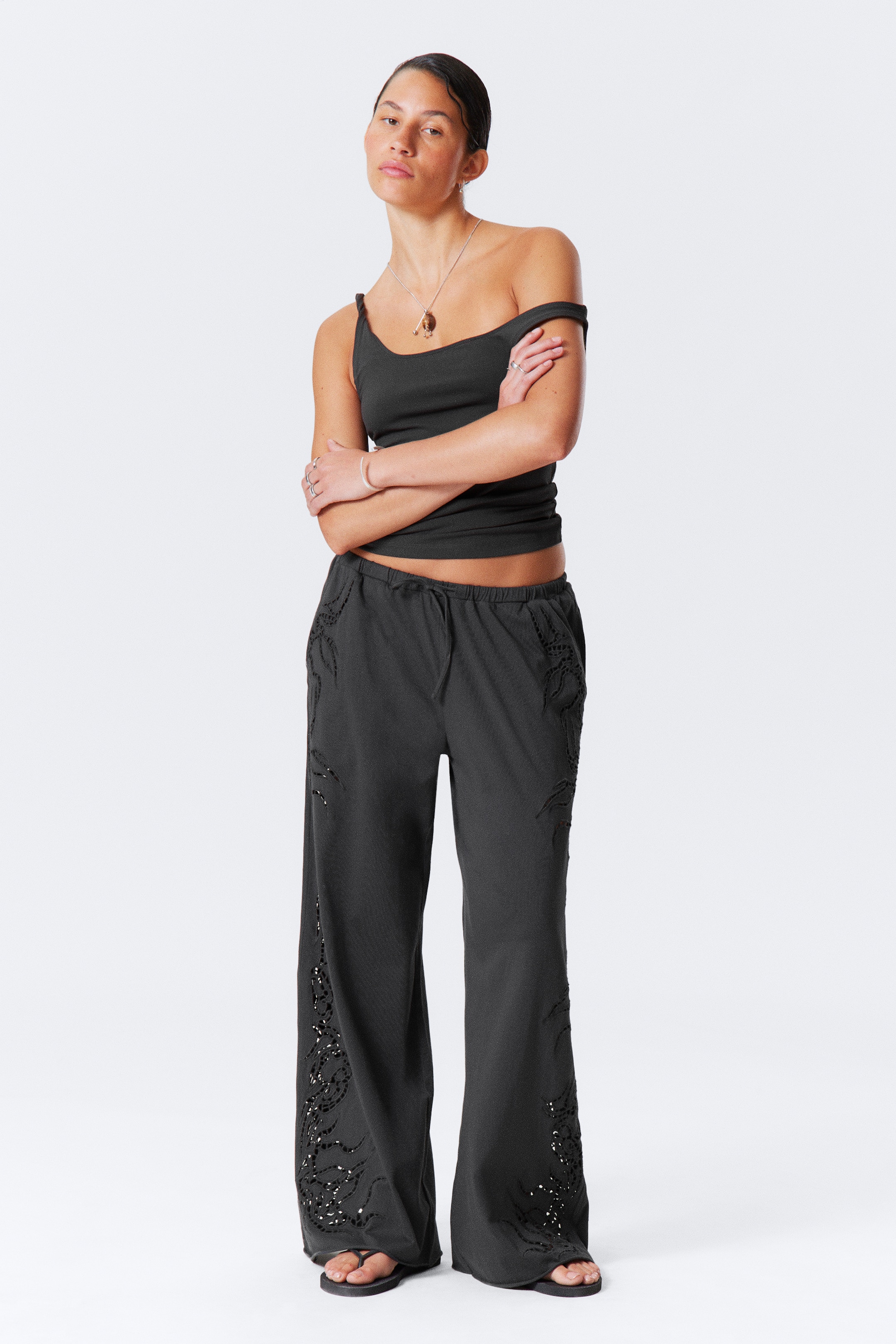 View larger image: Broderie Anglaise Loose Fit Trousers - Dark Grey - Ladies | H&M GB 1