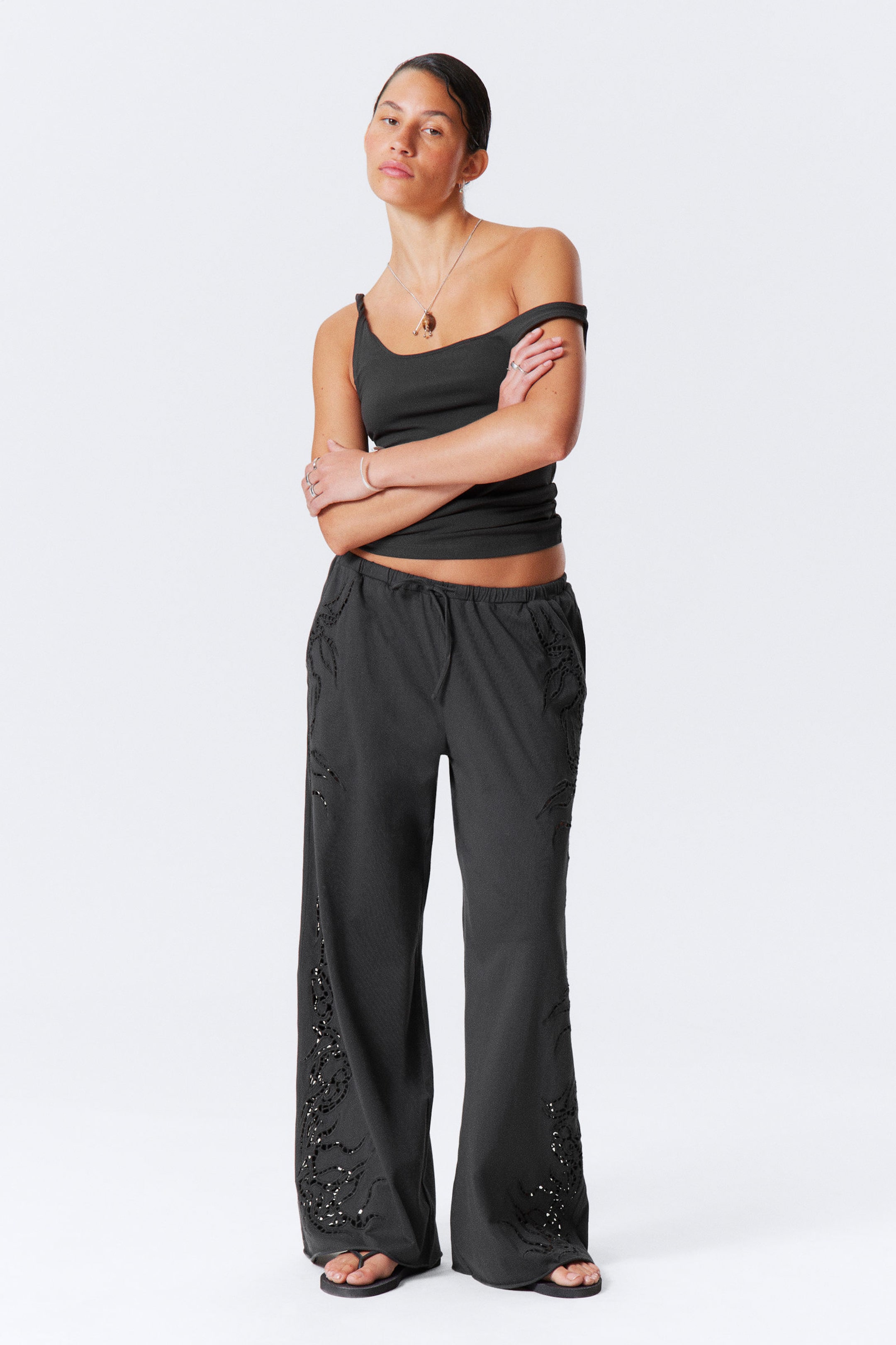 #3A3A3D - Broderie Anglaise Loose Fit Trousers - 1