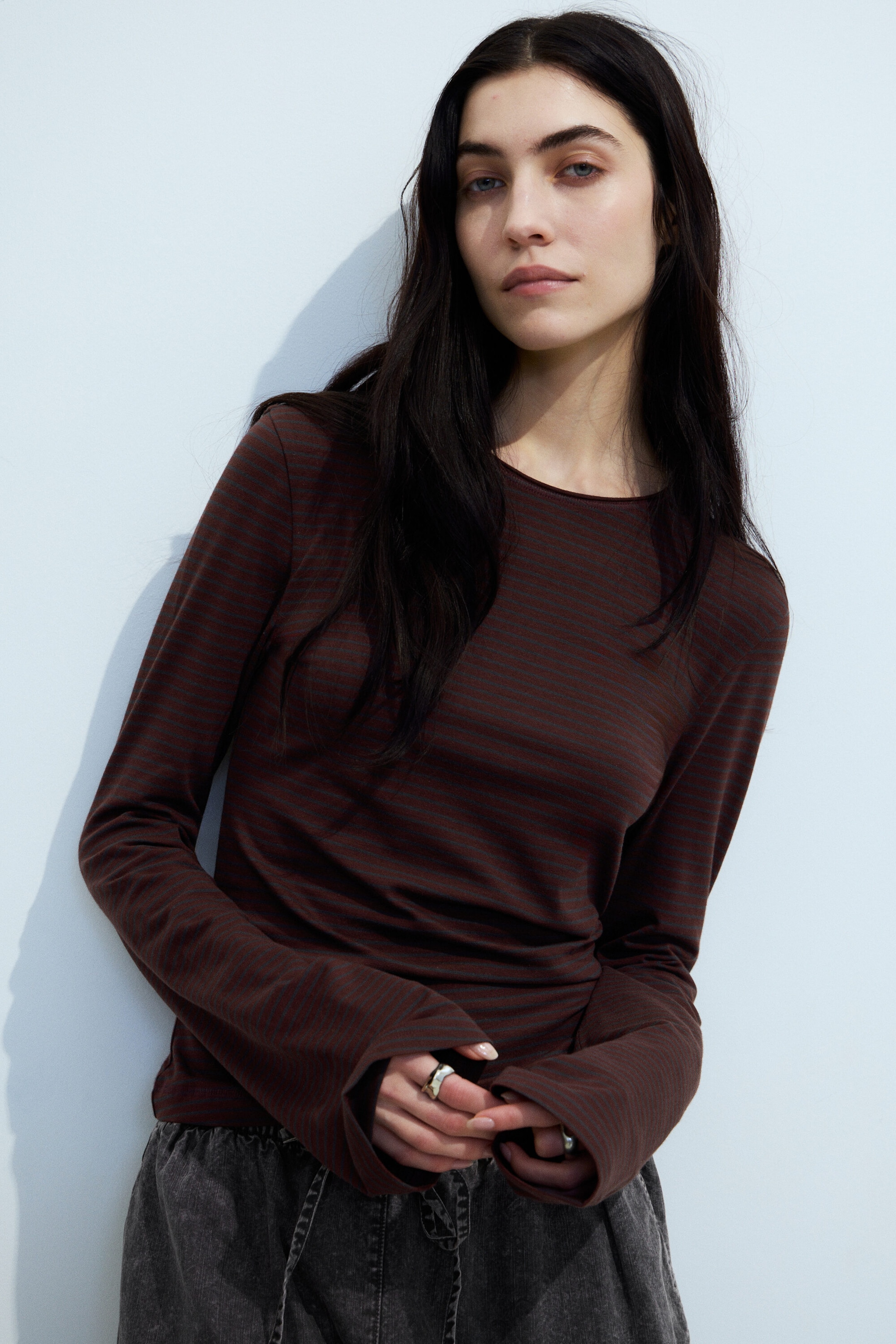 Striped Dark Red - Long Sleeve Cotton Top - 1