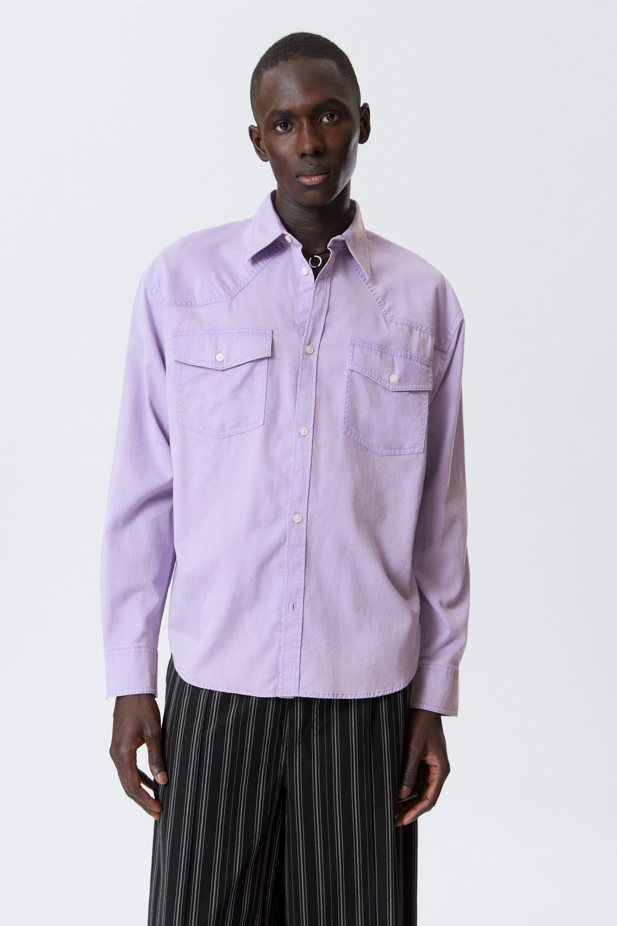 Lilac - Loose Long-Sleeved Cotton Twill Shirt - 0