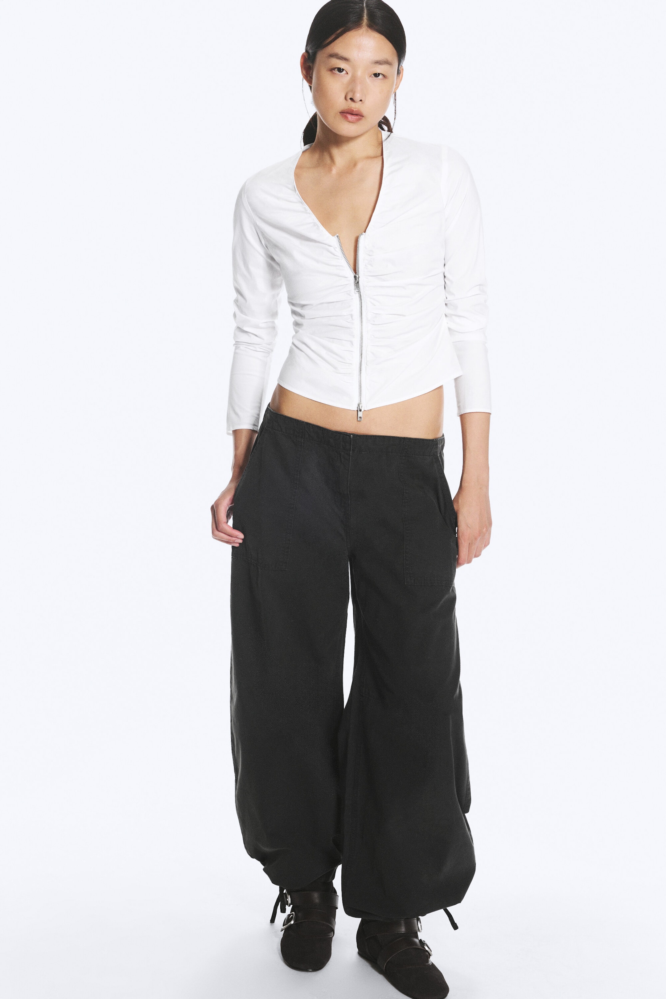 White - Gathered V-Neck Zip Top - 2