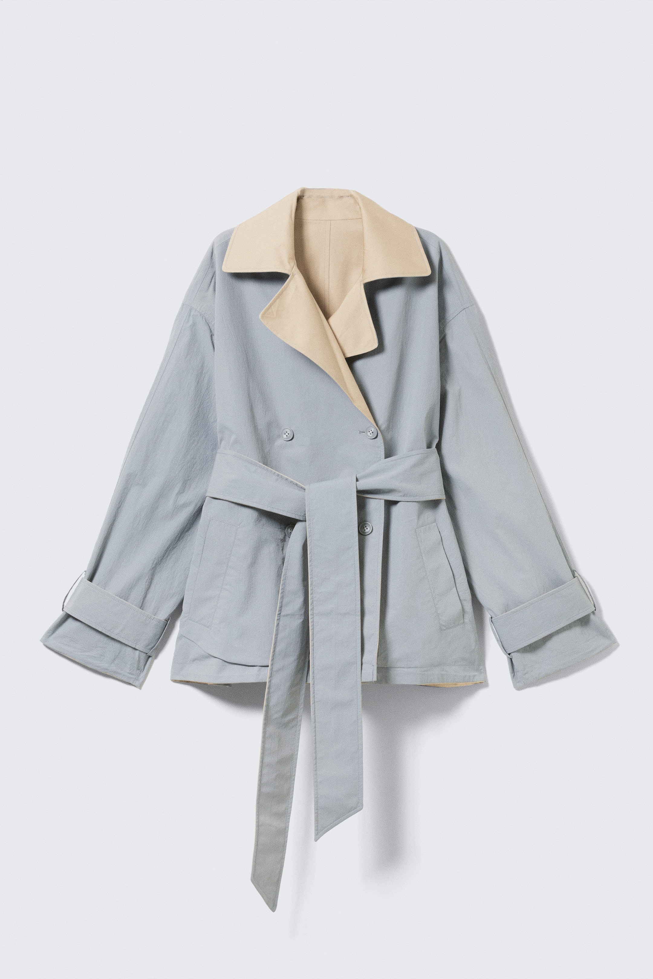 Beige & Light Grey - Short Double-Breasted Reversible Trench Coat - 5