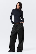 Striped Dark Blue - Fitted Striped Turtleneck Top - 1