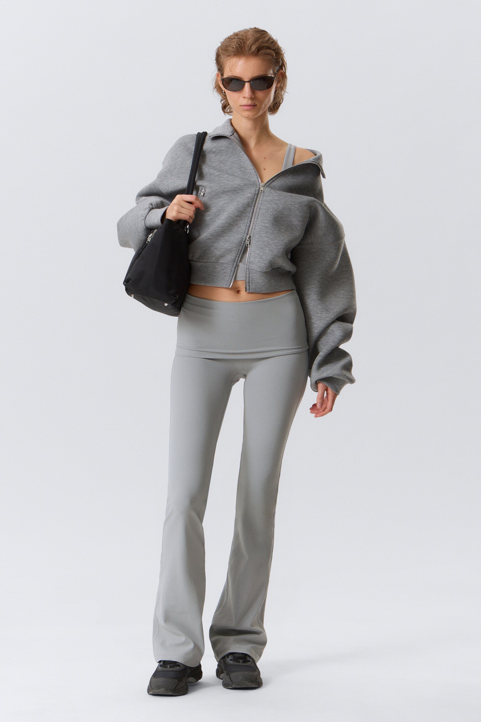 Folded Waist Flared Yoga Tights - Light Dusty Grey/Dark Brown/Black/Dark Grey/White/Dark Brown/Dark Khaki Green - 1