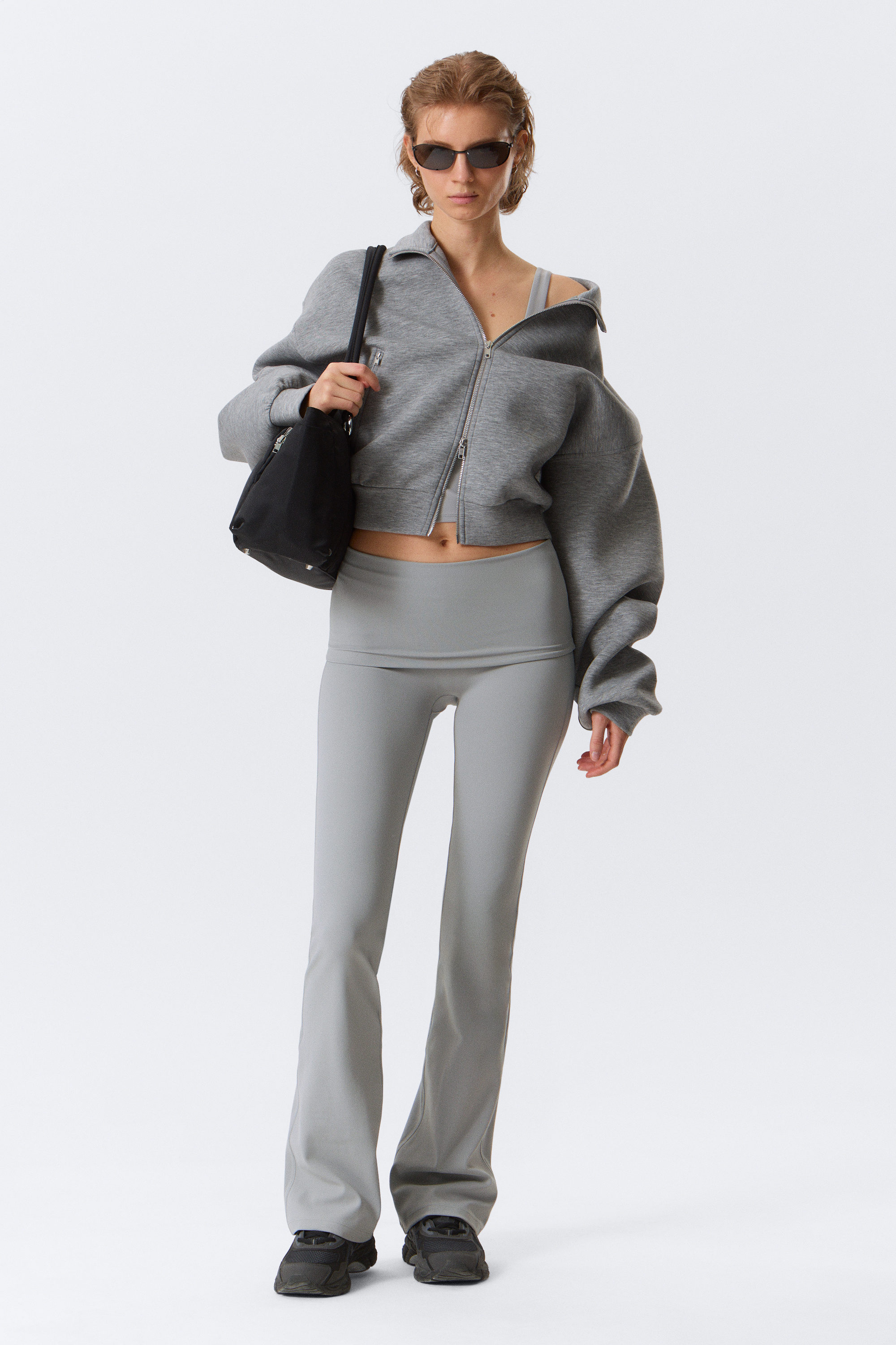 Light Dusty Grey - Folded Waist Flared Yoga Tights - 1