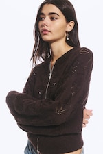 Dark Brown - Knitted Zip Cardigan - 1