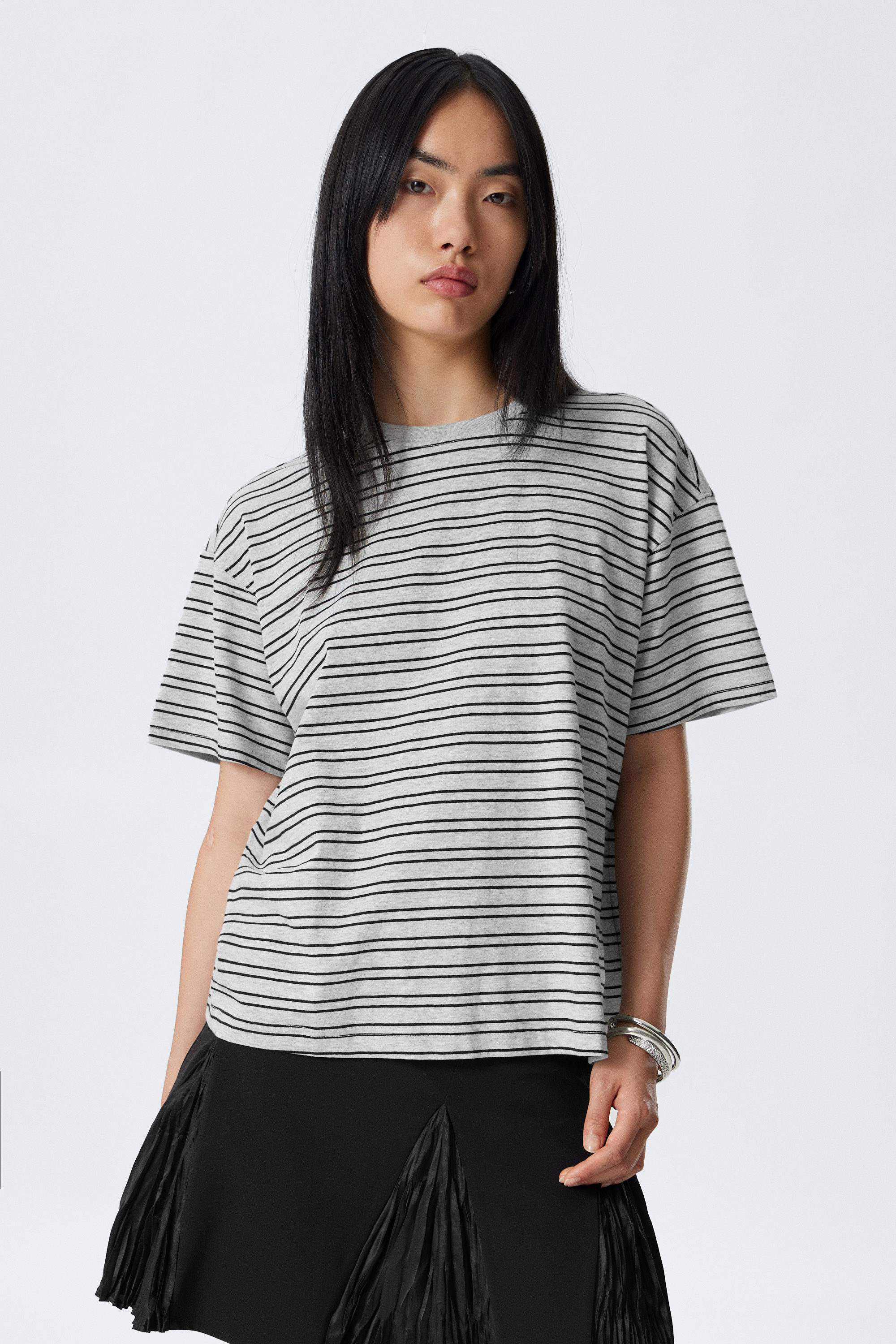 Striped Grey - Relaxed Boxy Cotton T-shirt - 1