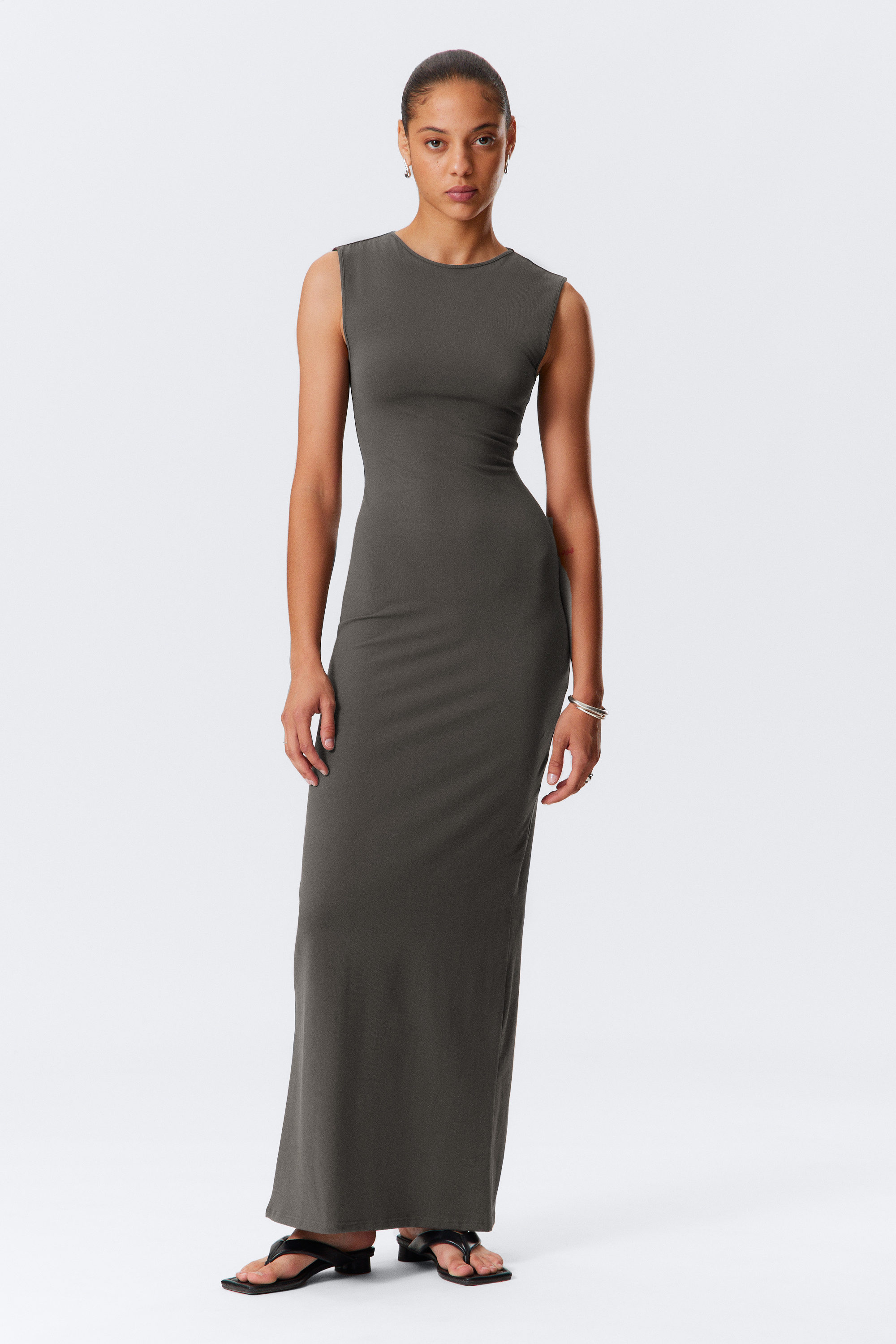 Dark Grey - Sleeveless Cotton Jersey Maxi Dress - 1