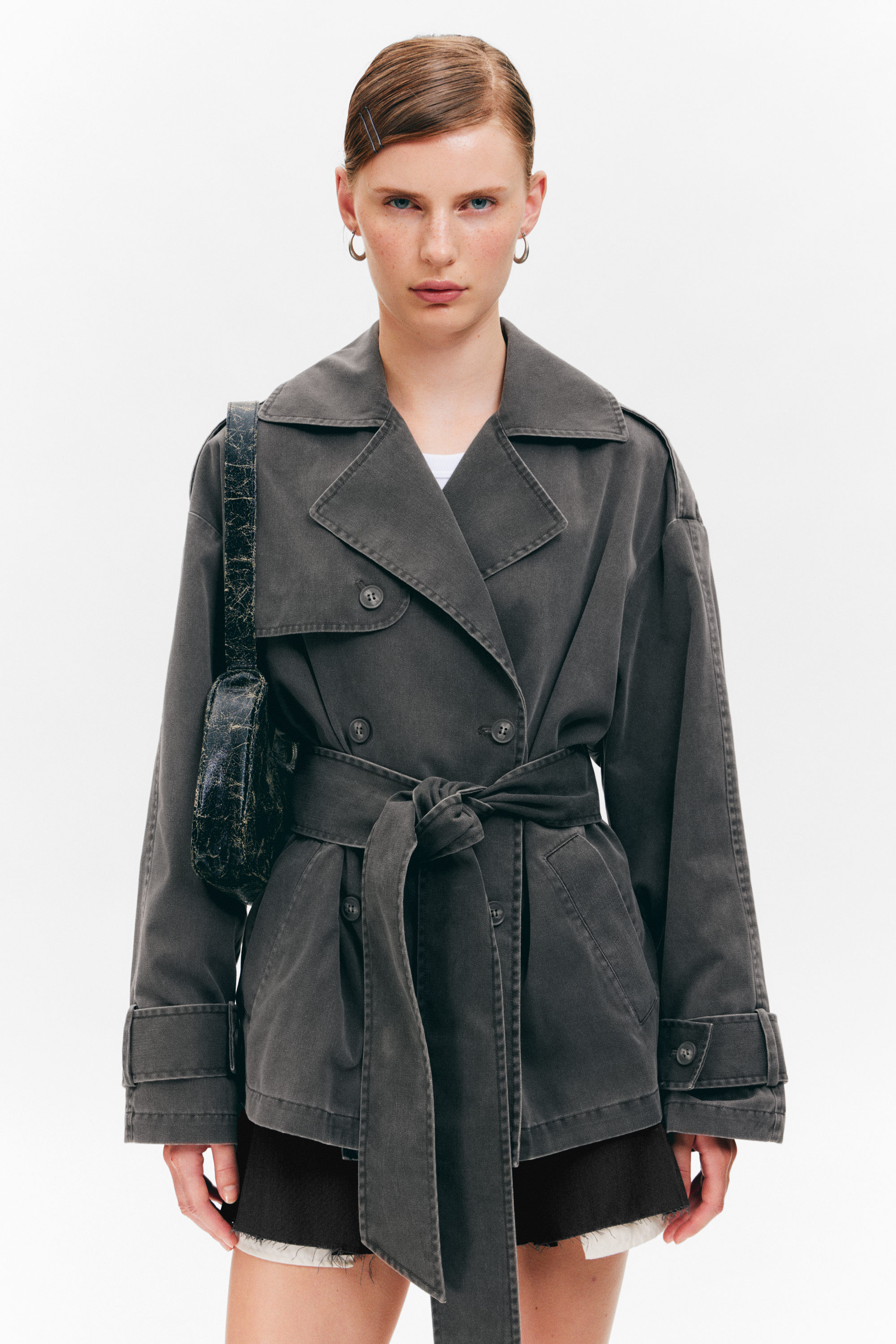 Dark Grey - SHORT DOUBLE-BREASTED WASHED TRENCH COAT - 2