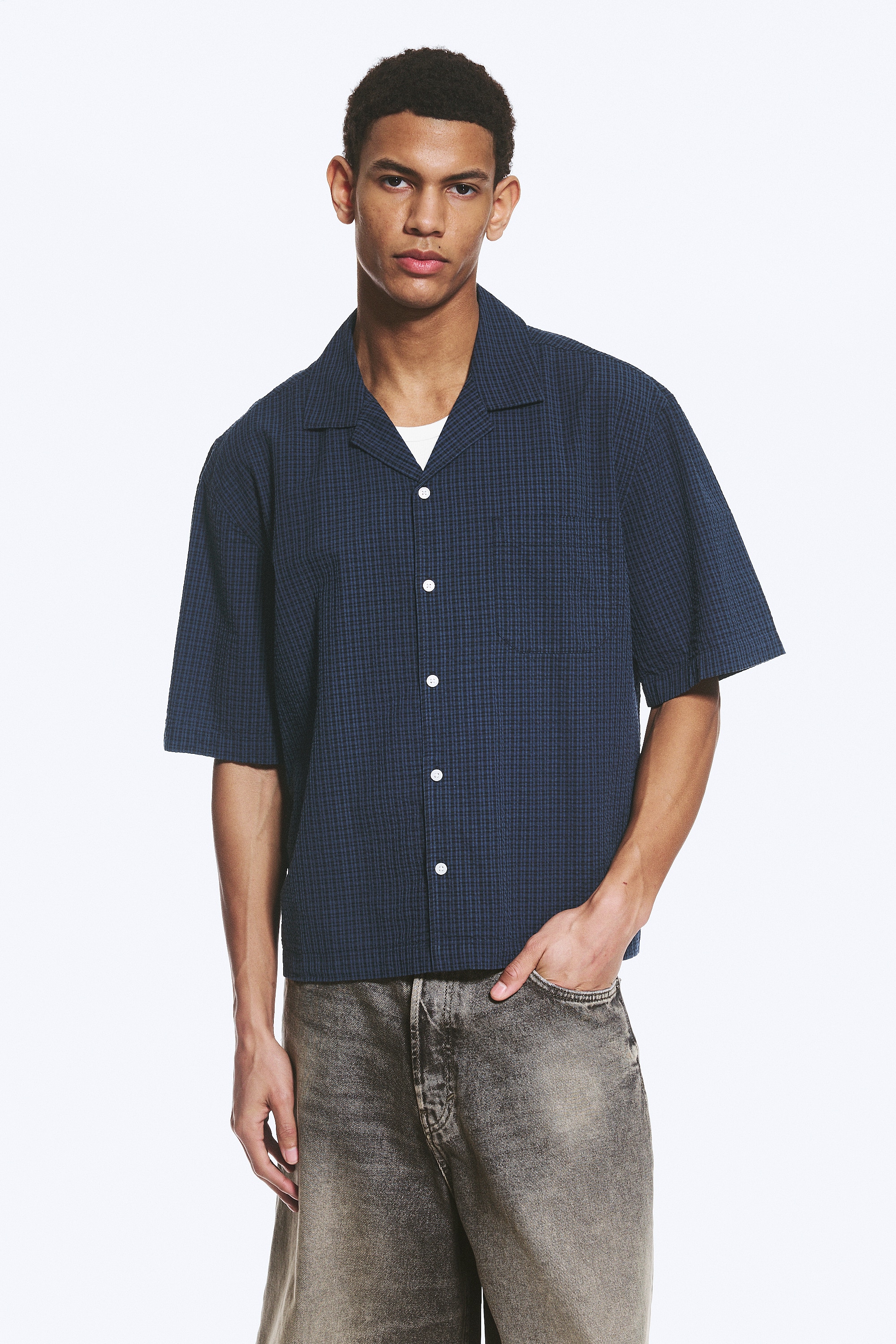 Camisa resort folgada de manga curta - Azul escuro axadrezado/Preto/Cinzento Xadrez