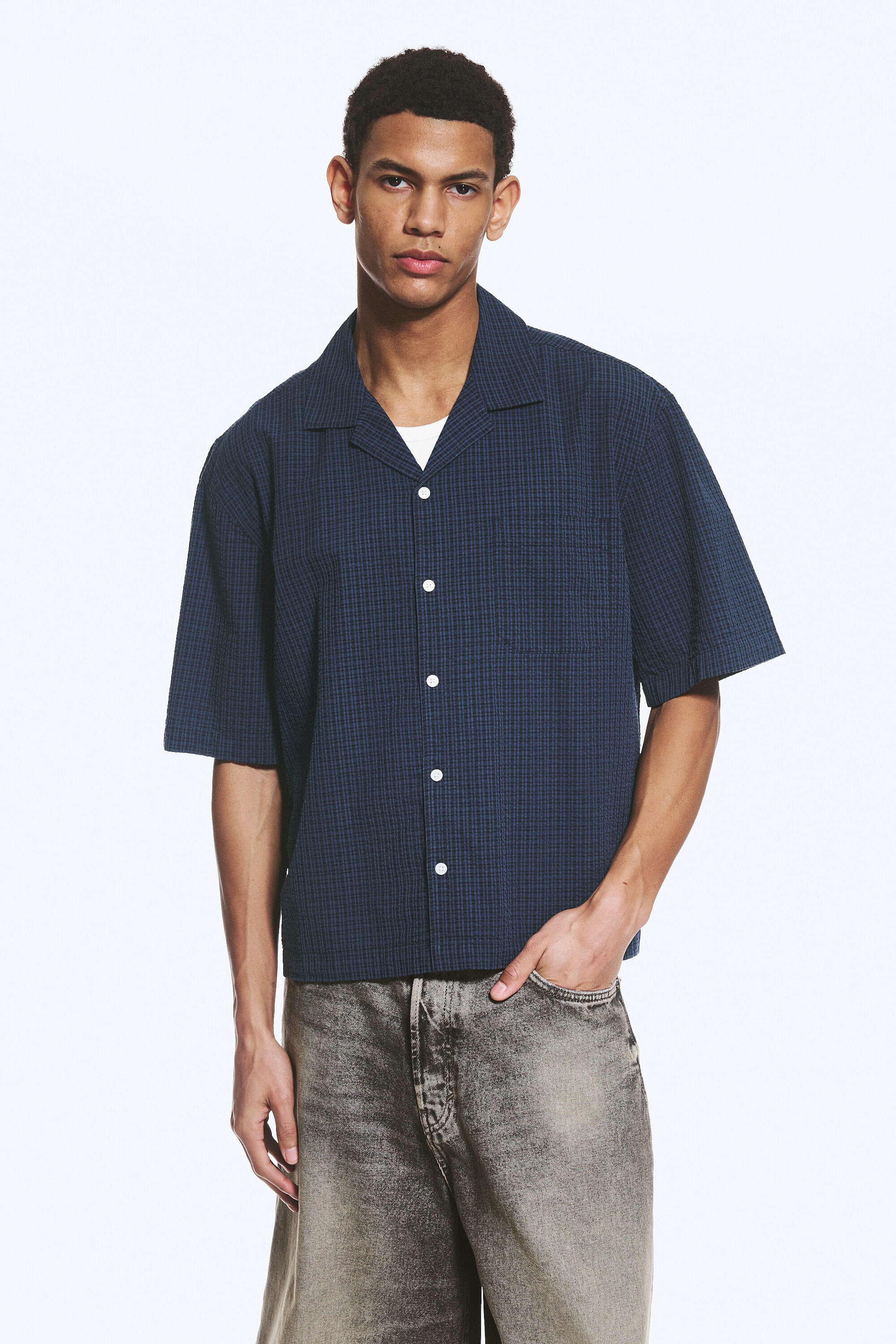Checked Dark Blue - Loose Short-Sleeved Resort Shirt - 1