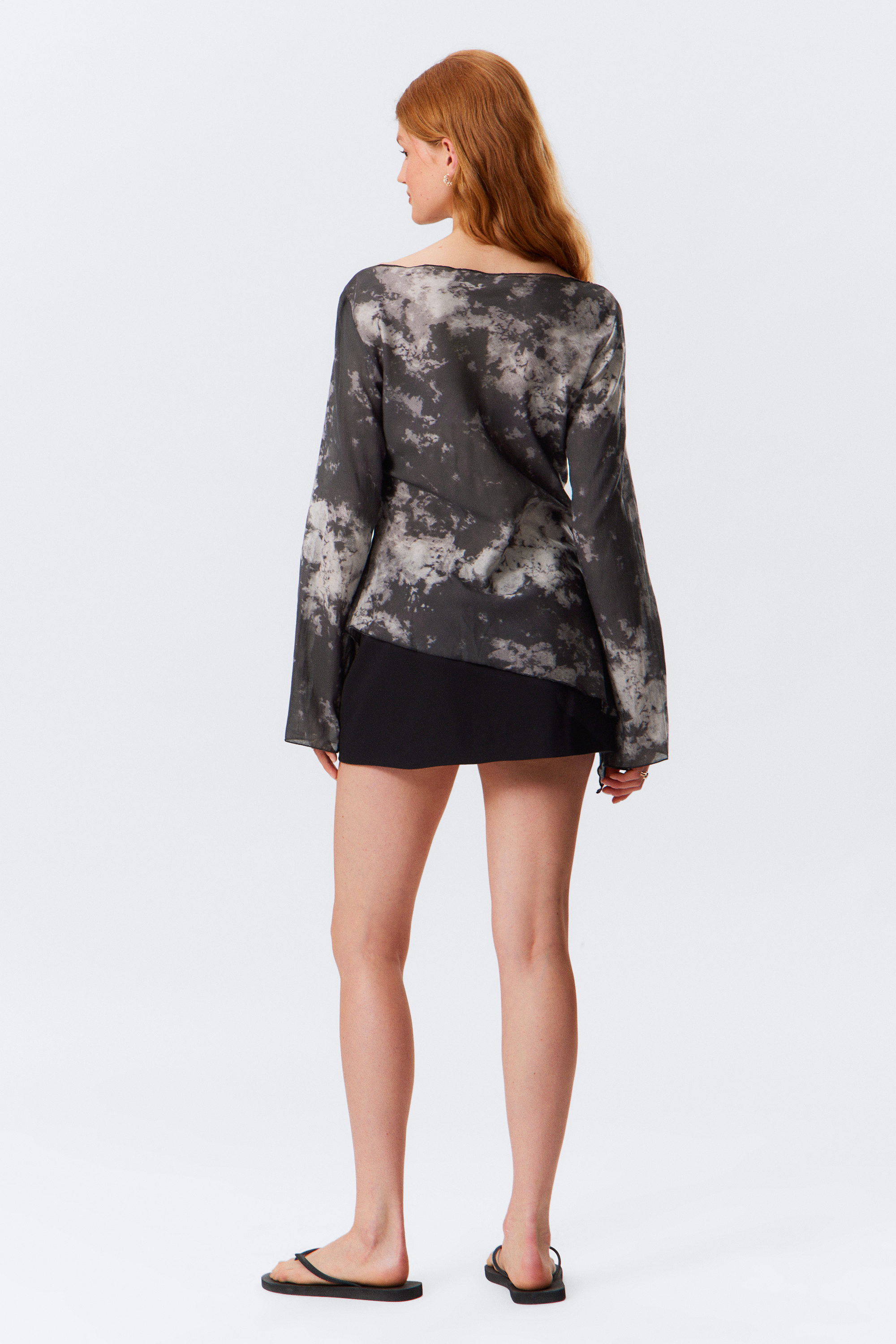 Black - Obsidian Mist - Sheer Asymmetric Long-Sleeved Blouse - 3