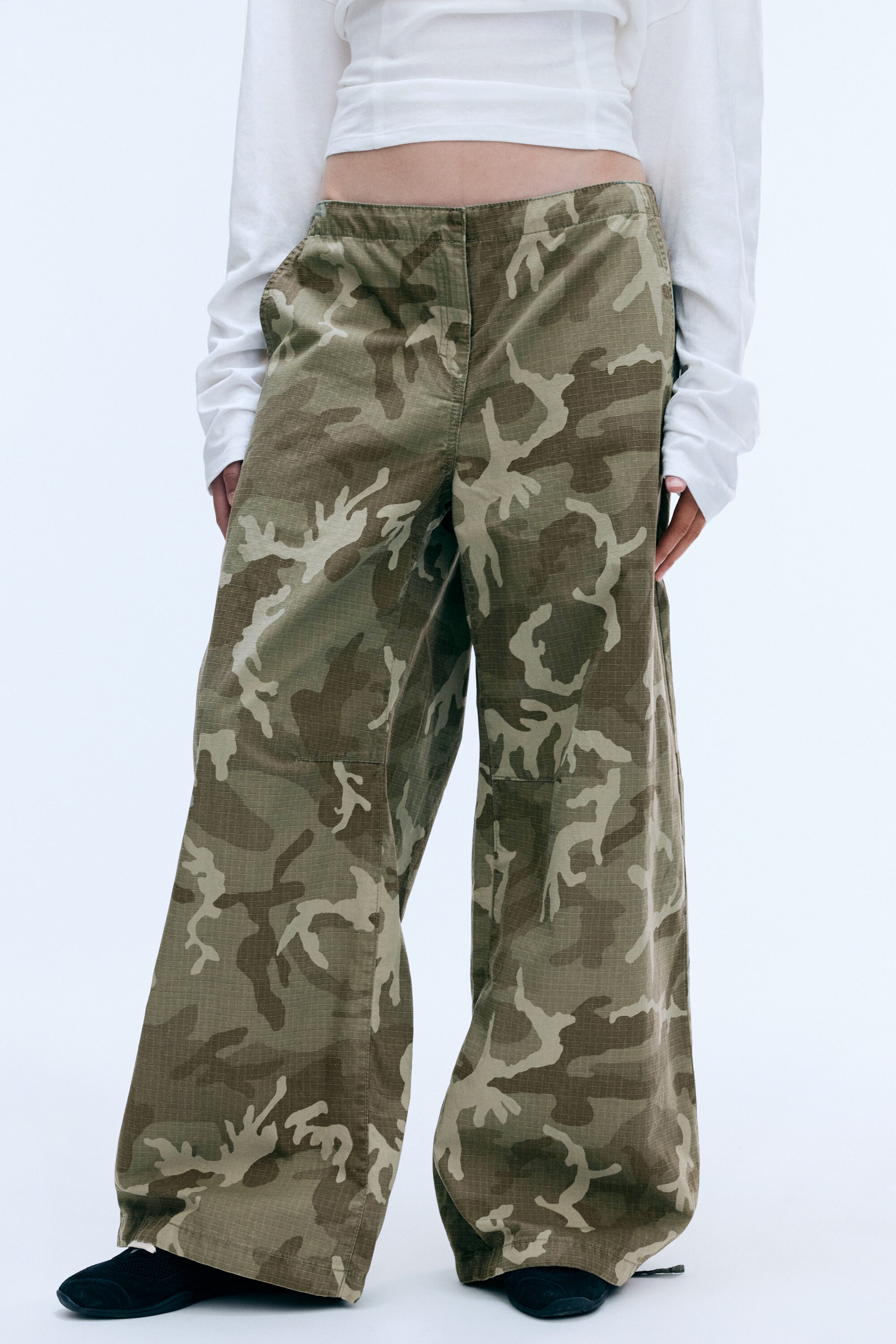 Khaki Green - Camo - Low Rise Baggy Ripstop Trousers - 4