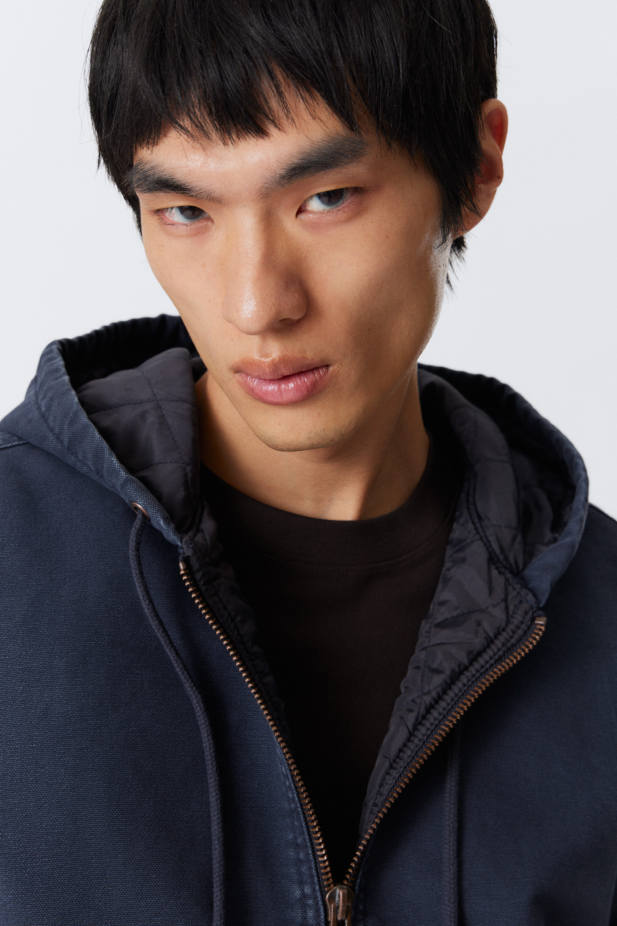 Washed Navy Blue - Relaxed Hooded Bomber Jacket - 2