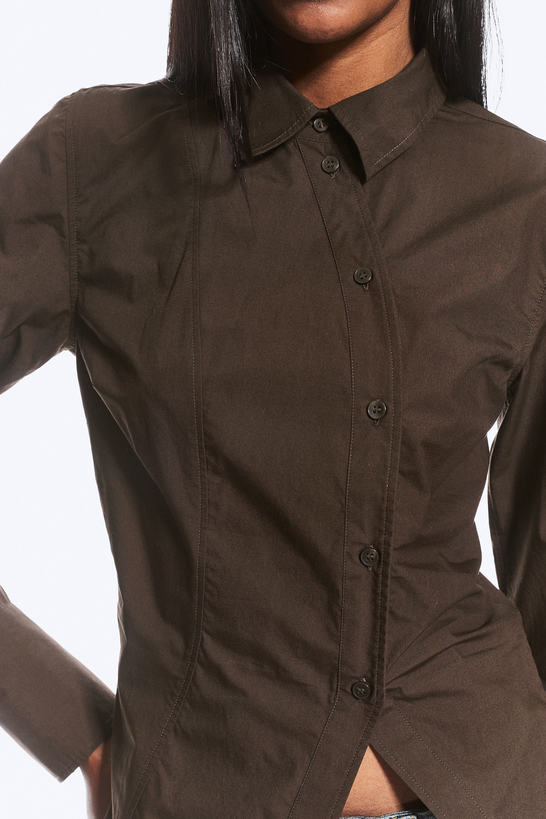 Dark Brown - Asymmetric Fitted Poplin Shirt - 2