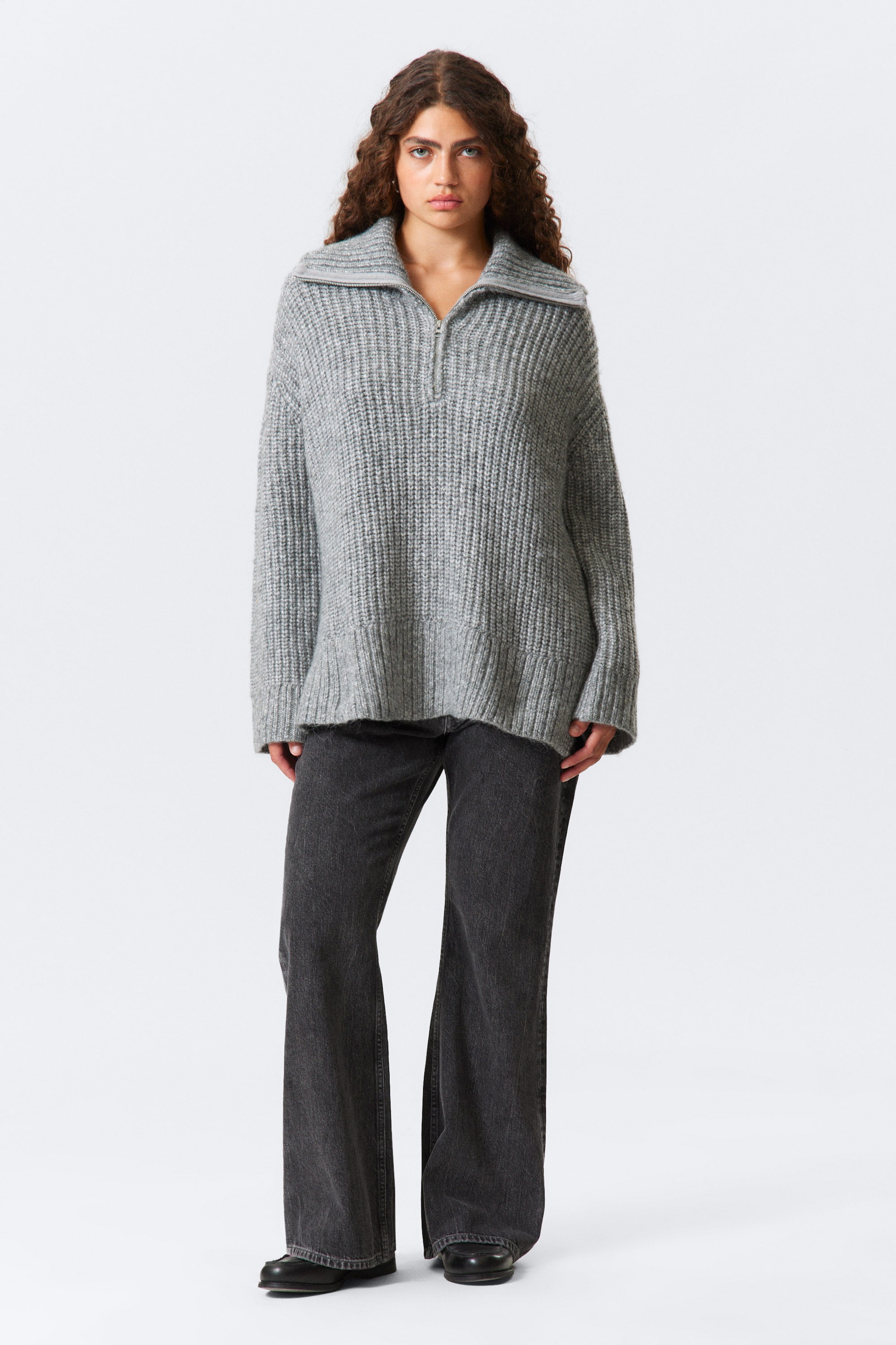 Grey Melange - Rib-Knit Half-Zip Turtleneck Sweater - 2