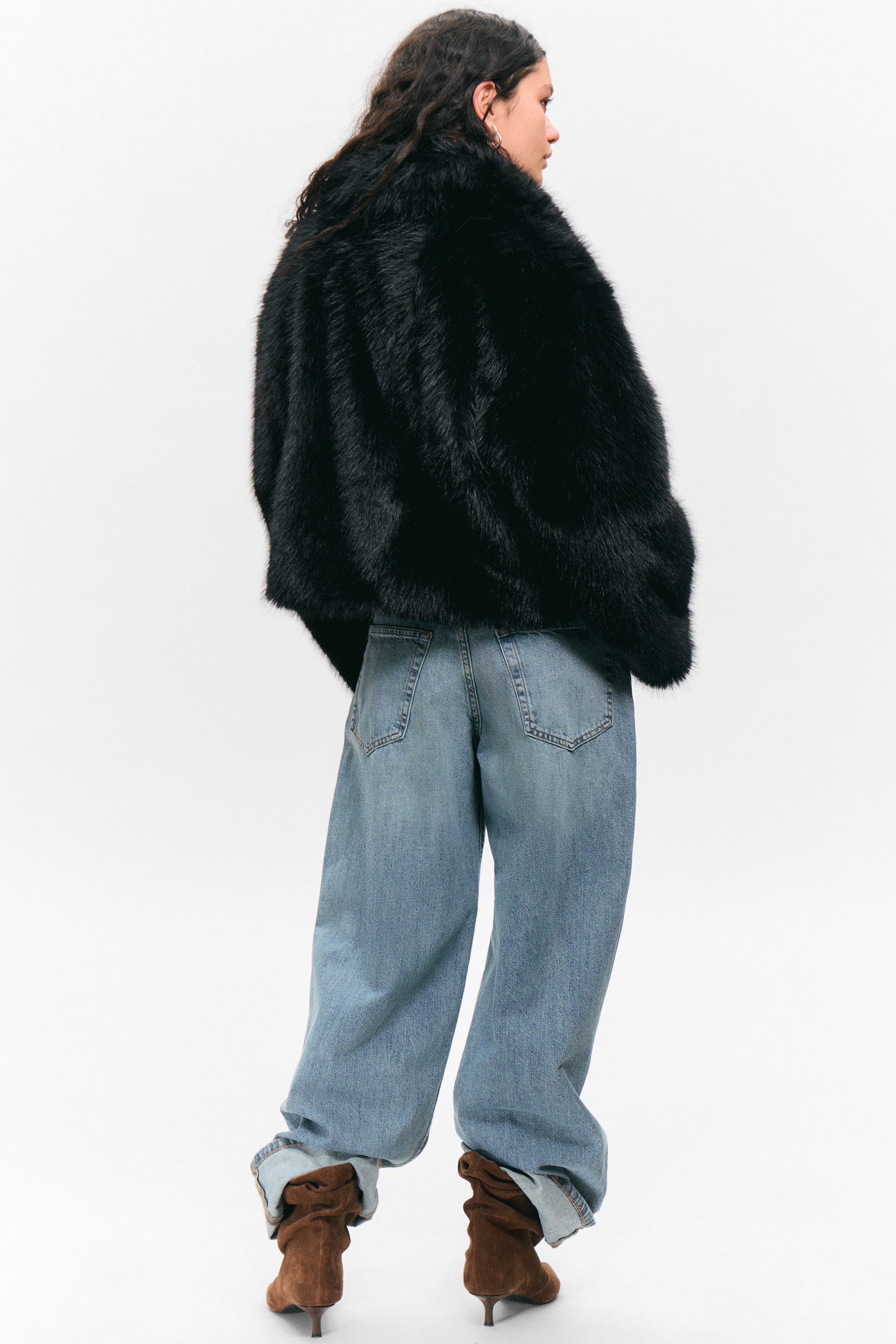 Black - Faux Fur Zip Jacket - 3