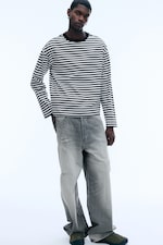 Striped White/Black - Loose Boxy Long-Sleeved T-shirt - 1