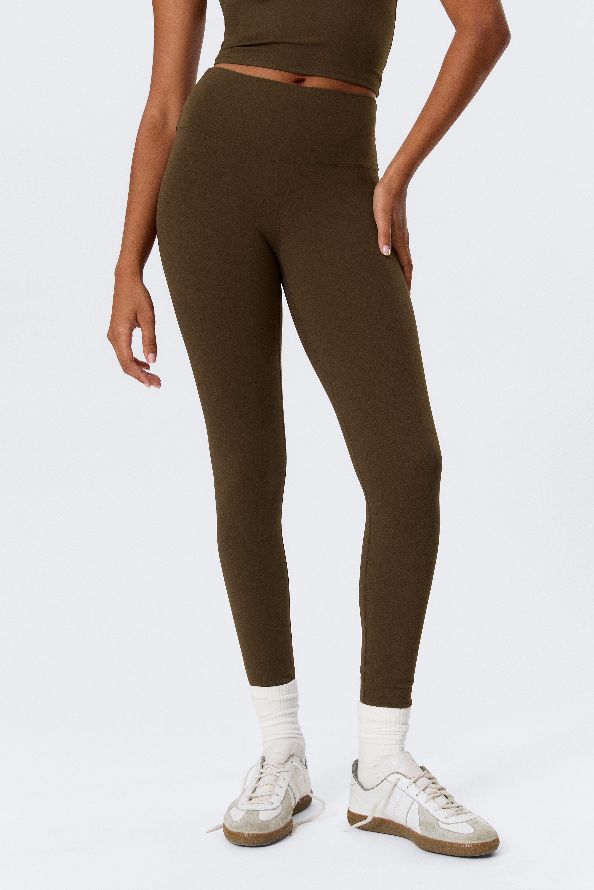 Dark Brown - High Waisted Sports Tights - 2