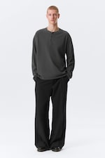 Mörkgrå - Loose Long-Sleeved Henley T-shirt - 1