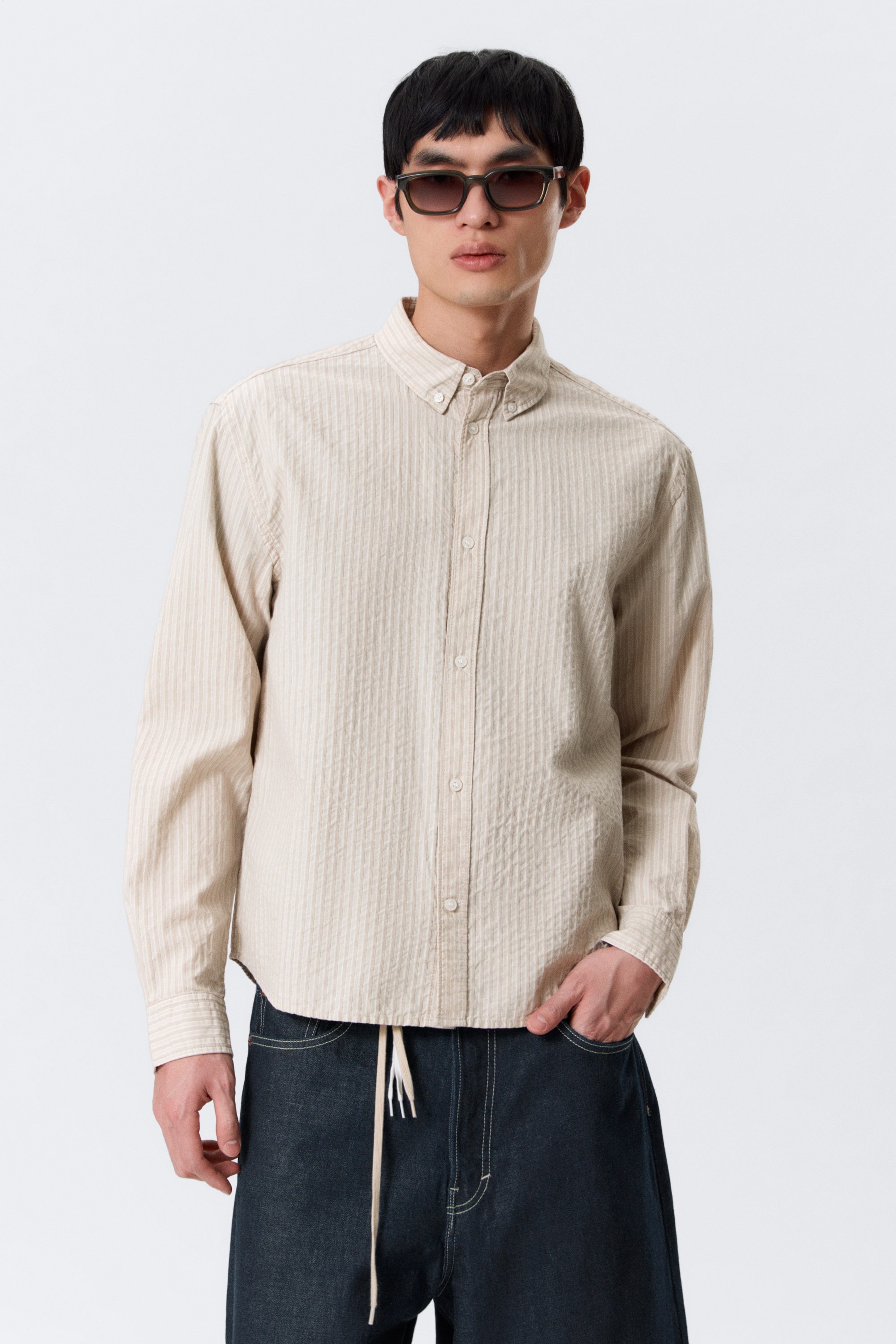 Beige rayé - Chemise boutonnée rayée décontractée - 4