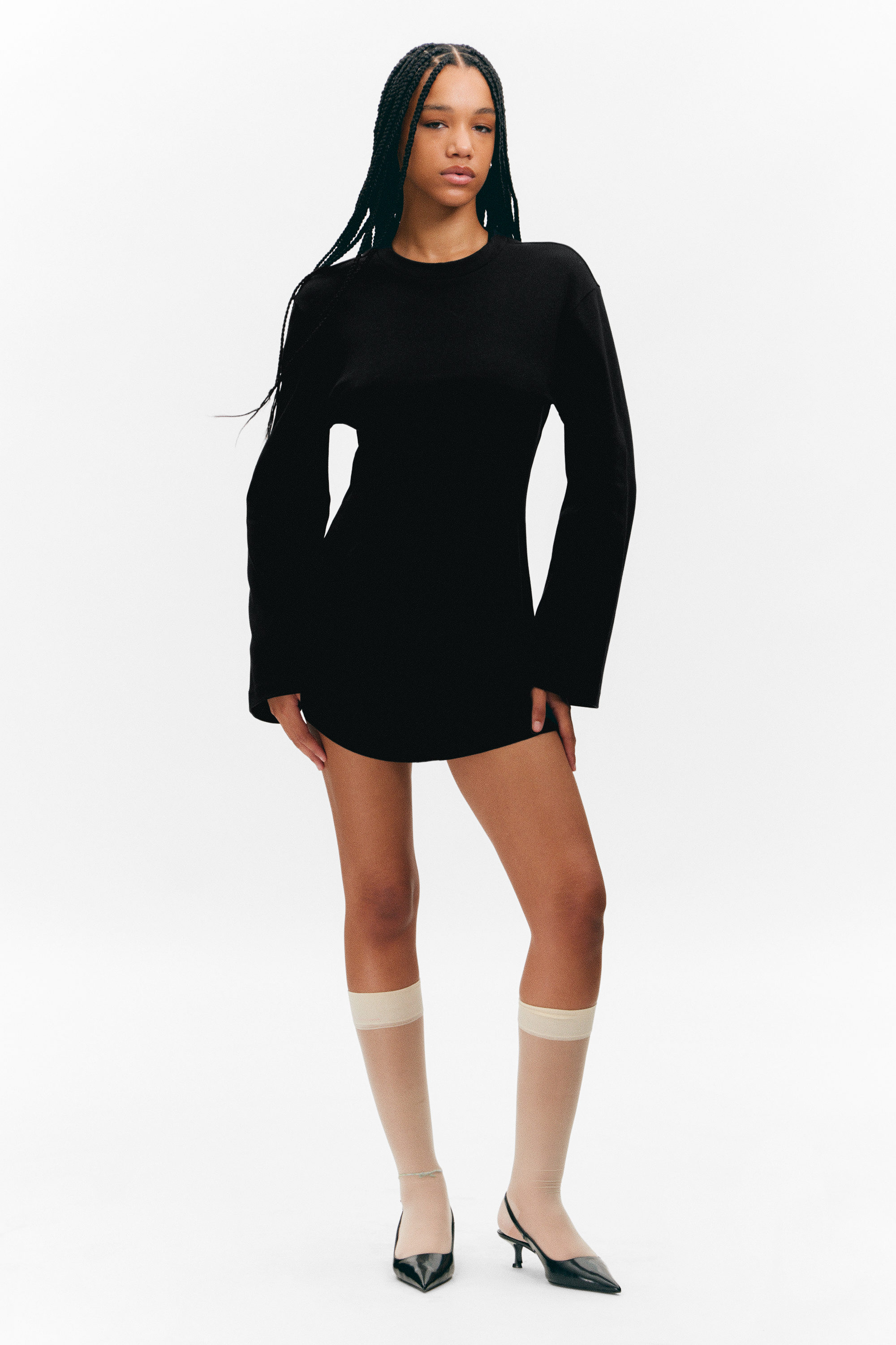 Black - Long-SleevedCottonMiniDress - 1