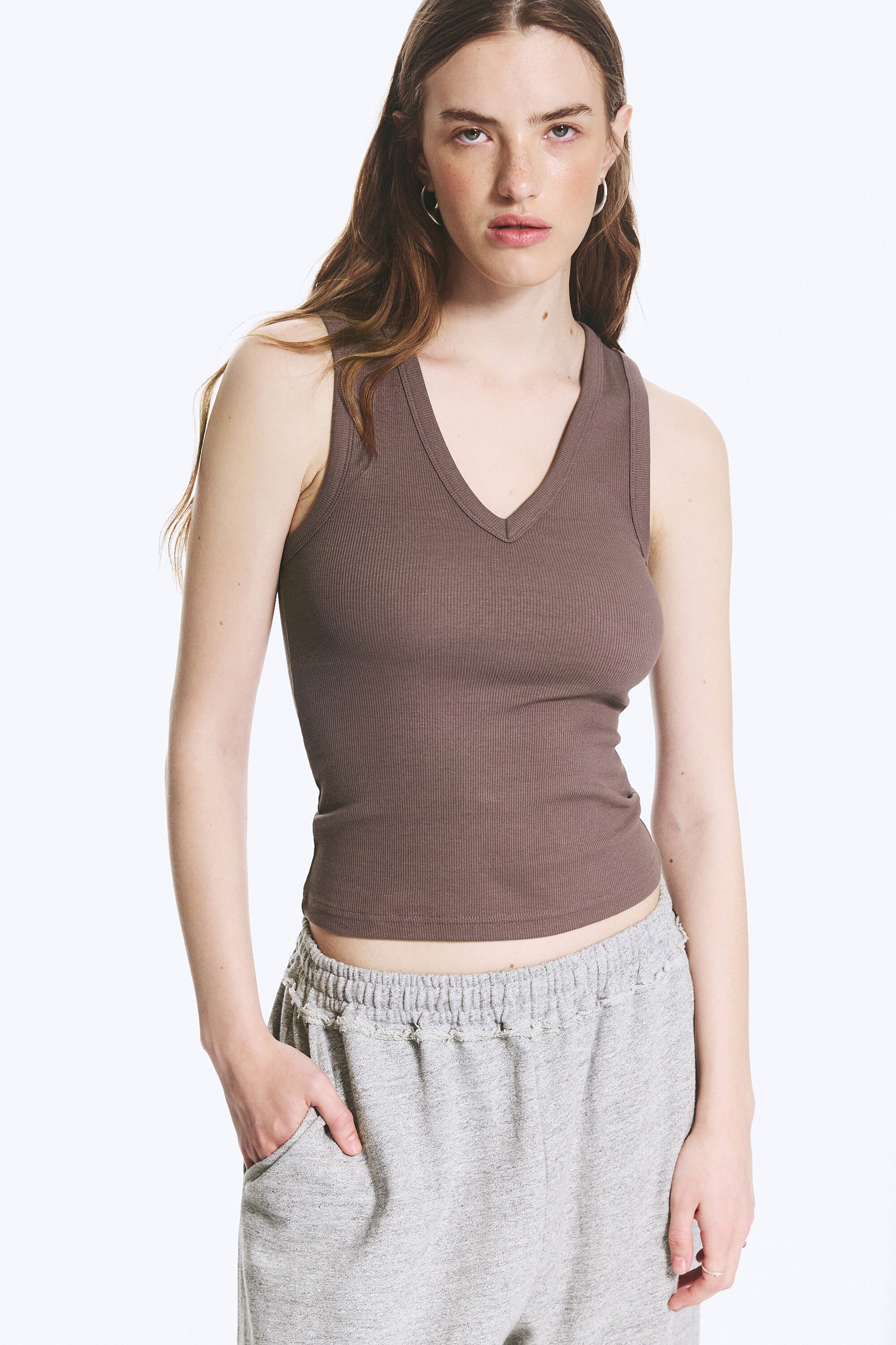 Dusty Plum - Ribbed V-neck Tank Top - 0