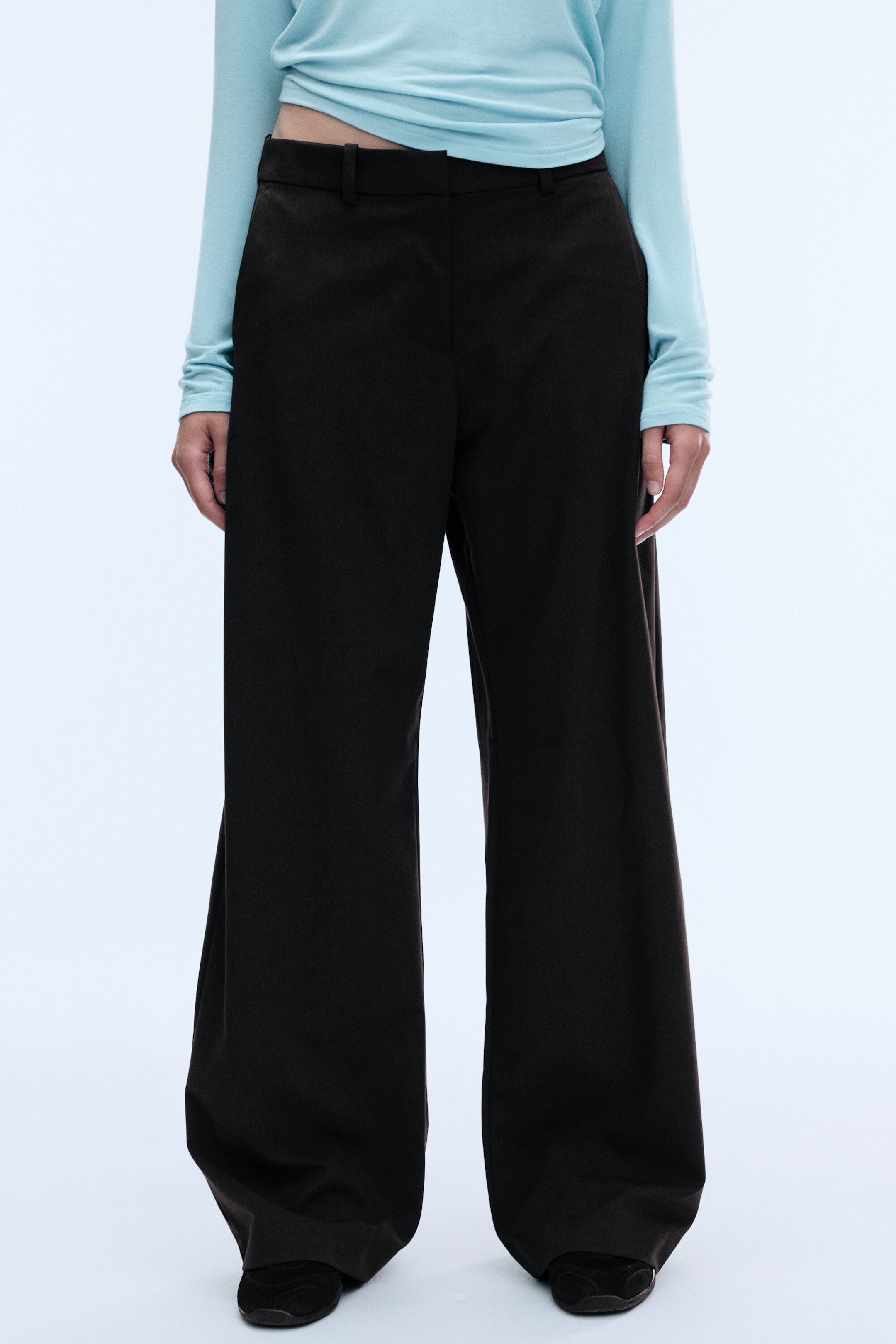 Dark Brown - Low-Waisted Loose Fit Suit Trousers - 1