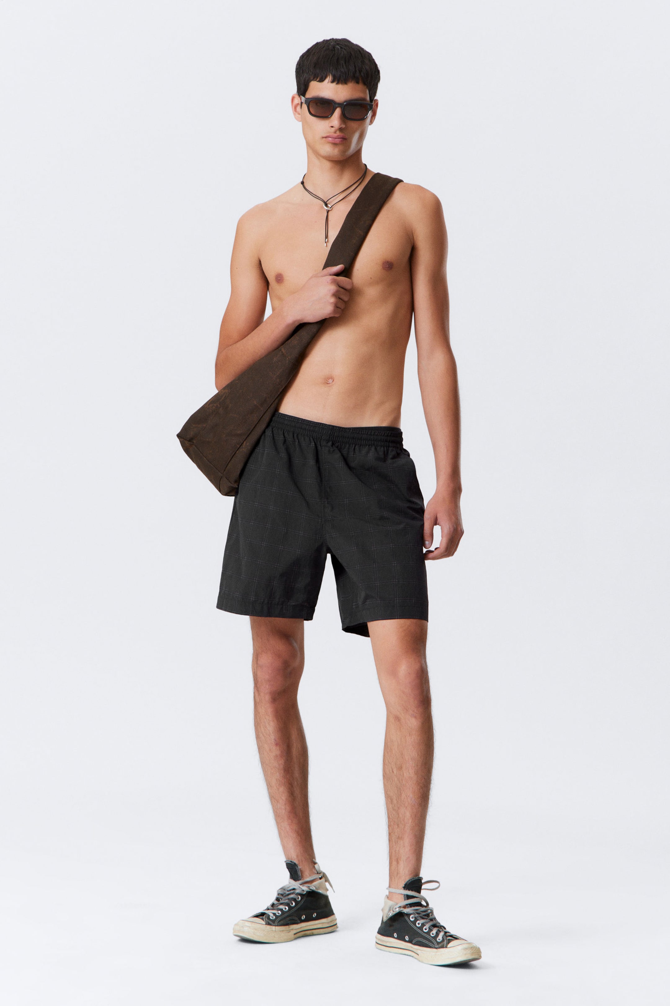 Checked Black - Checked Nylon Swim Shorts - 2