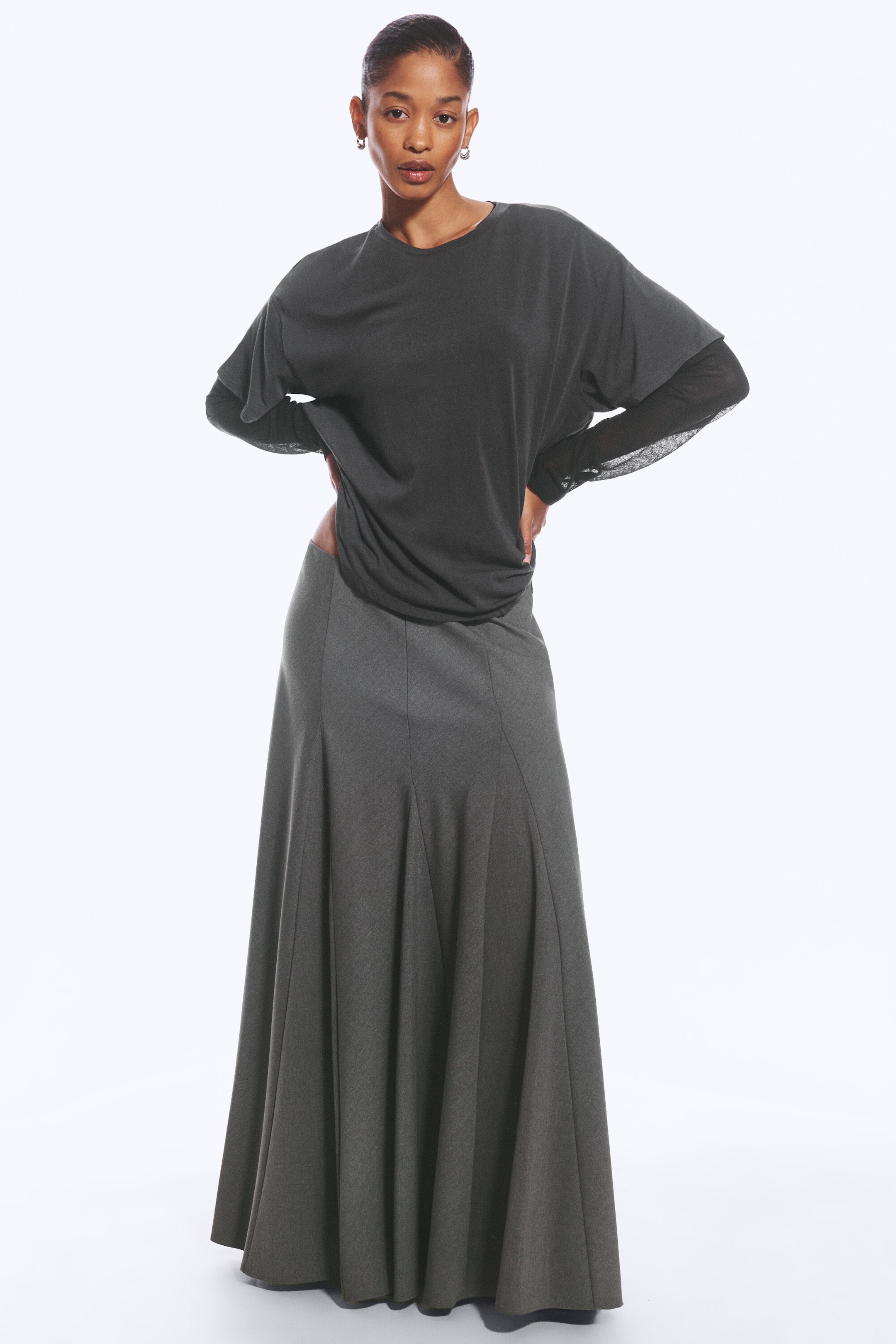 Dark Grey Melange - Mid Rise Panelled Maxi Skirt - 2