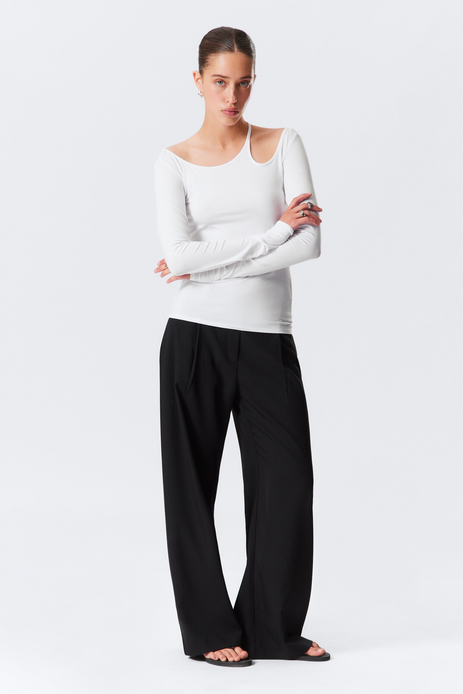 Långärmad off-shoulder topp - Vit/Svart - 6