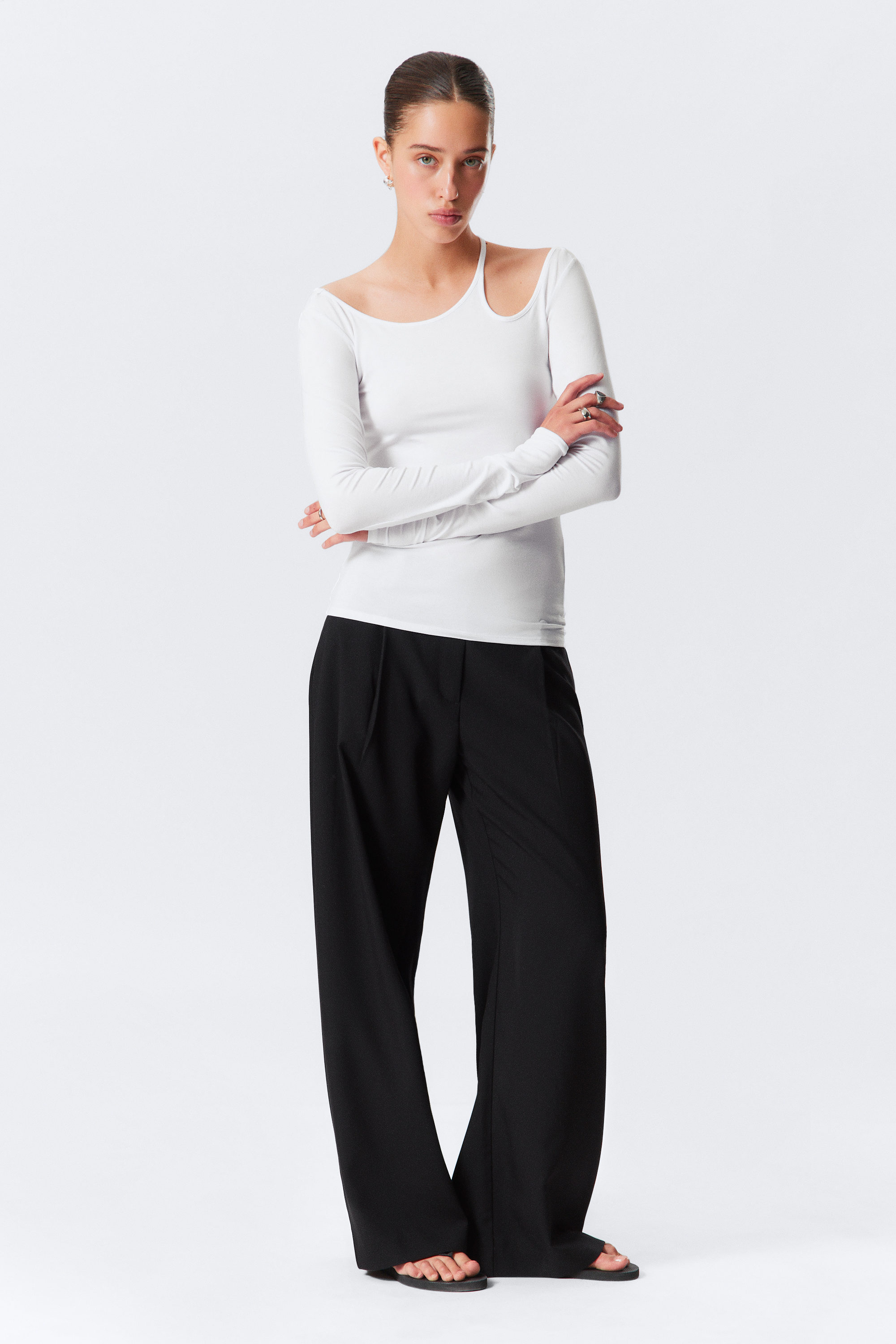 White - Long-Sleeved Off-Shoulder Top - 2