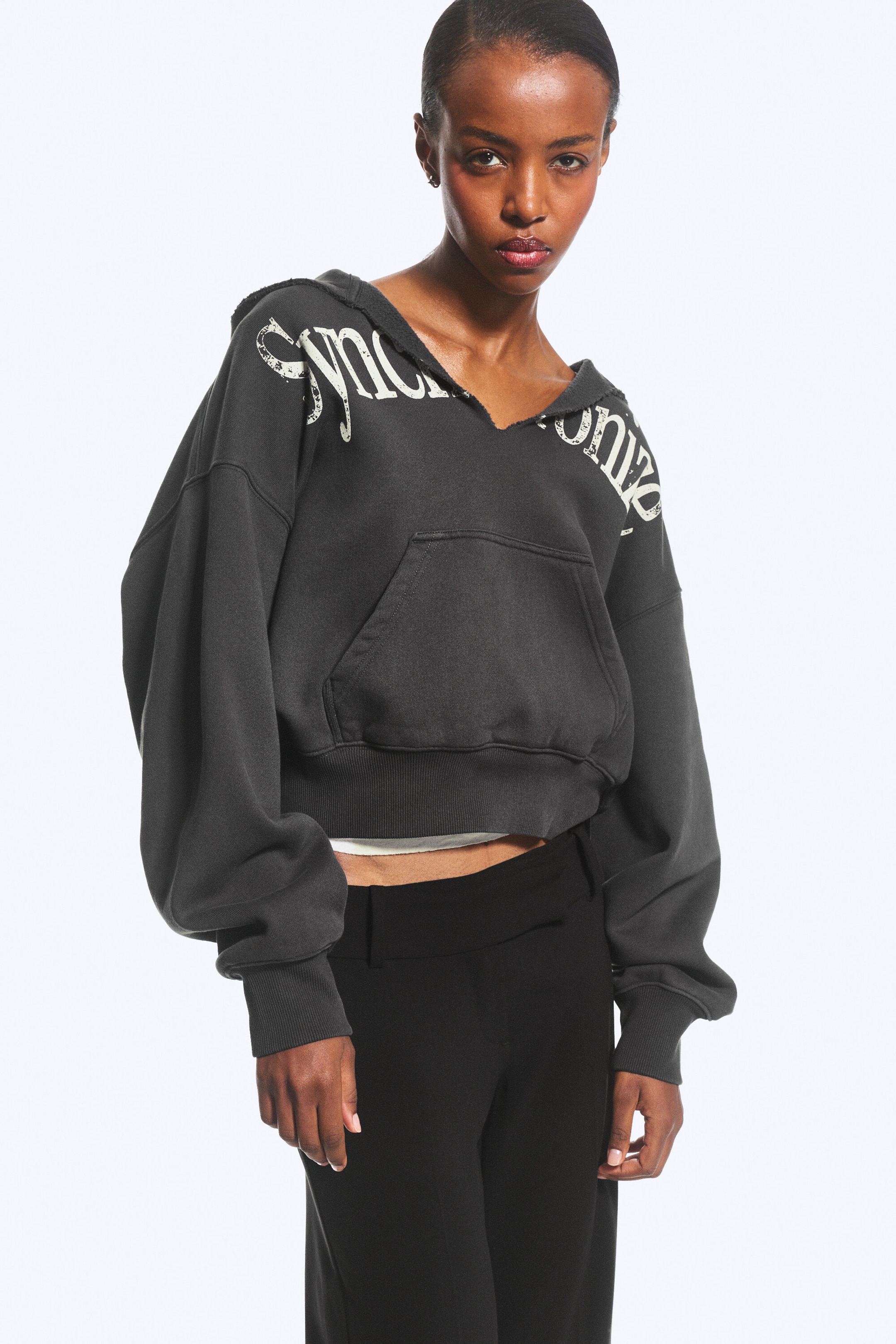 Dark Grey - Synchronize - Oversized Printed V-Neck Hoodie - 2