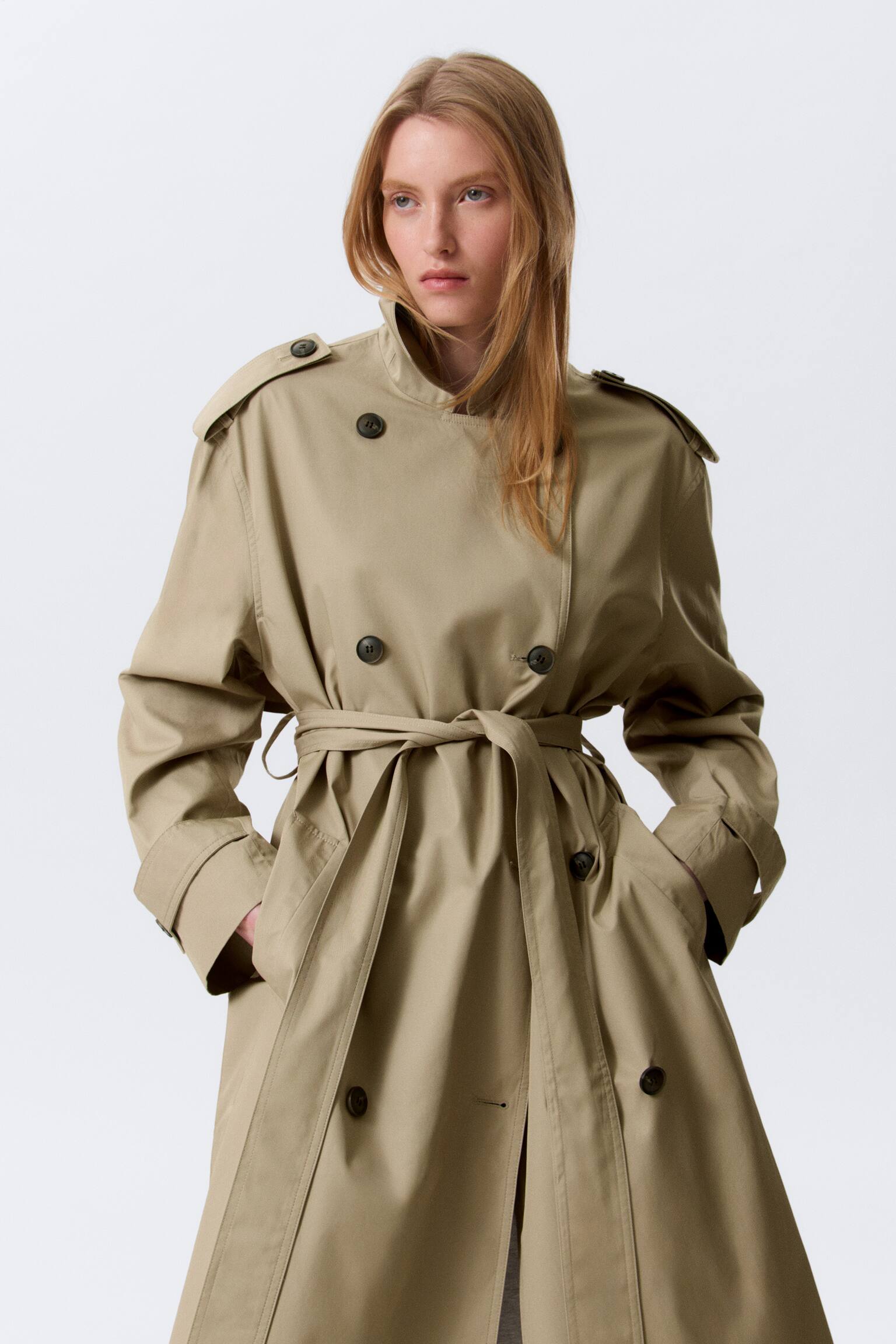Oversized Double-Breasted Canvas Trench Coat - Beige/Dark Grey - 7