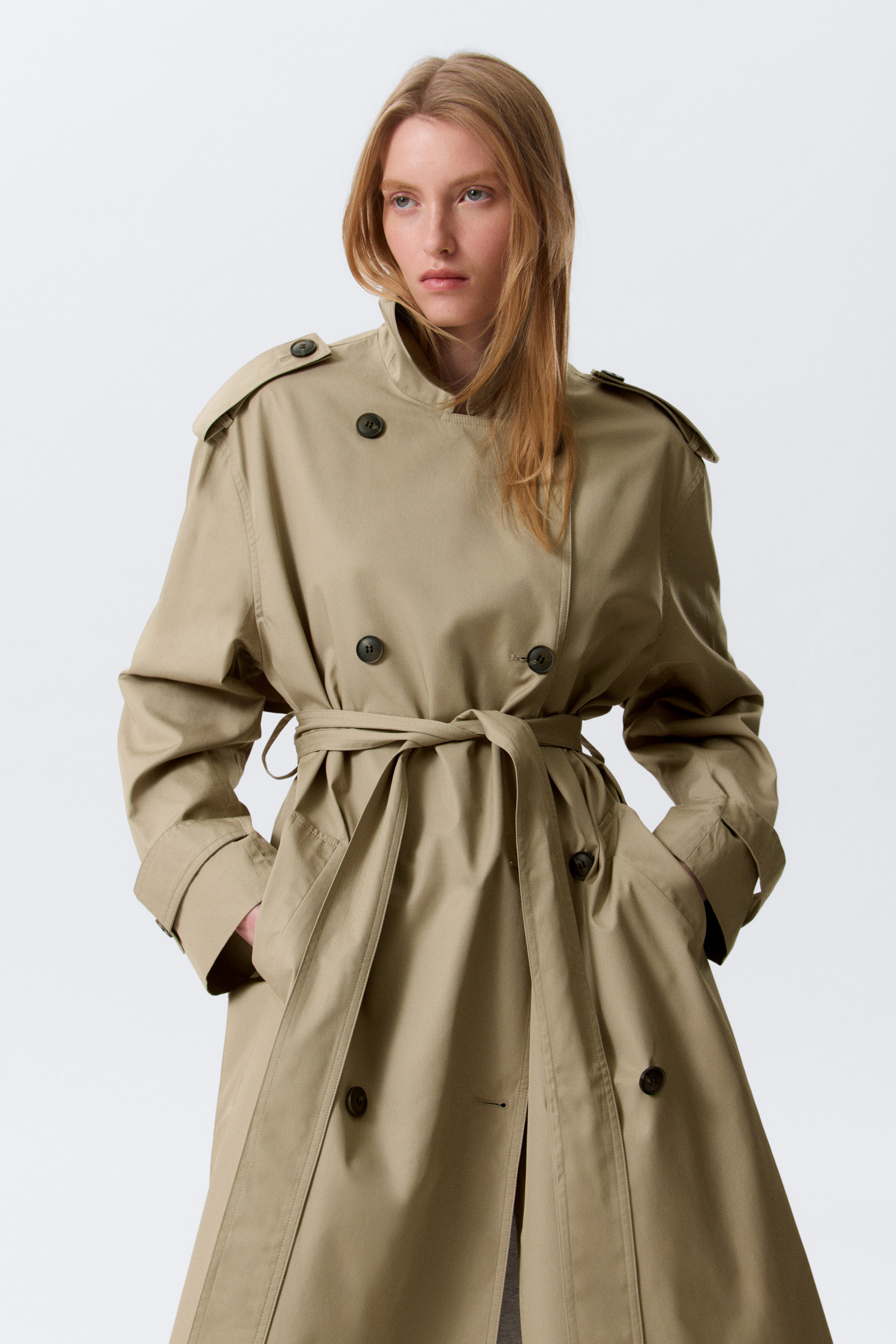 Beige - Oversized Double-Breasted Canvas Trench Coat - 2