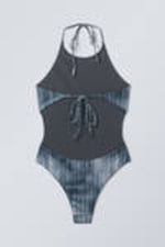 Randig mörkblå - Halter-neck baddräkt med tryck - 5