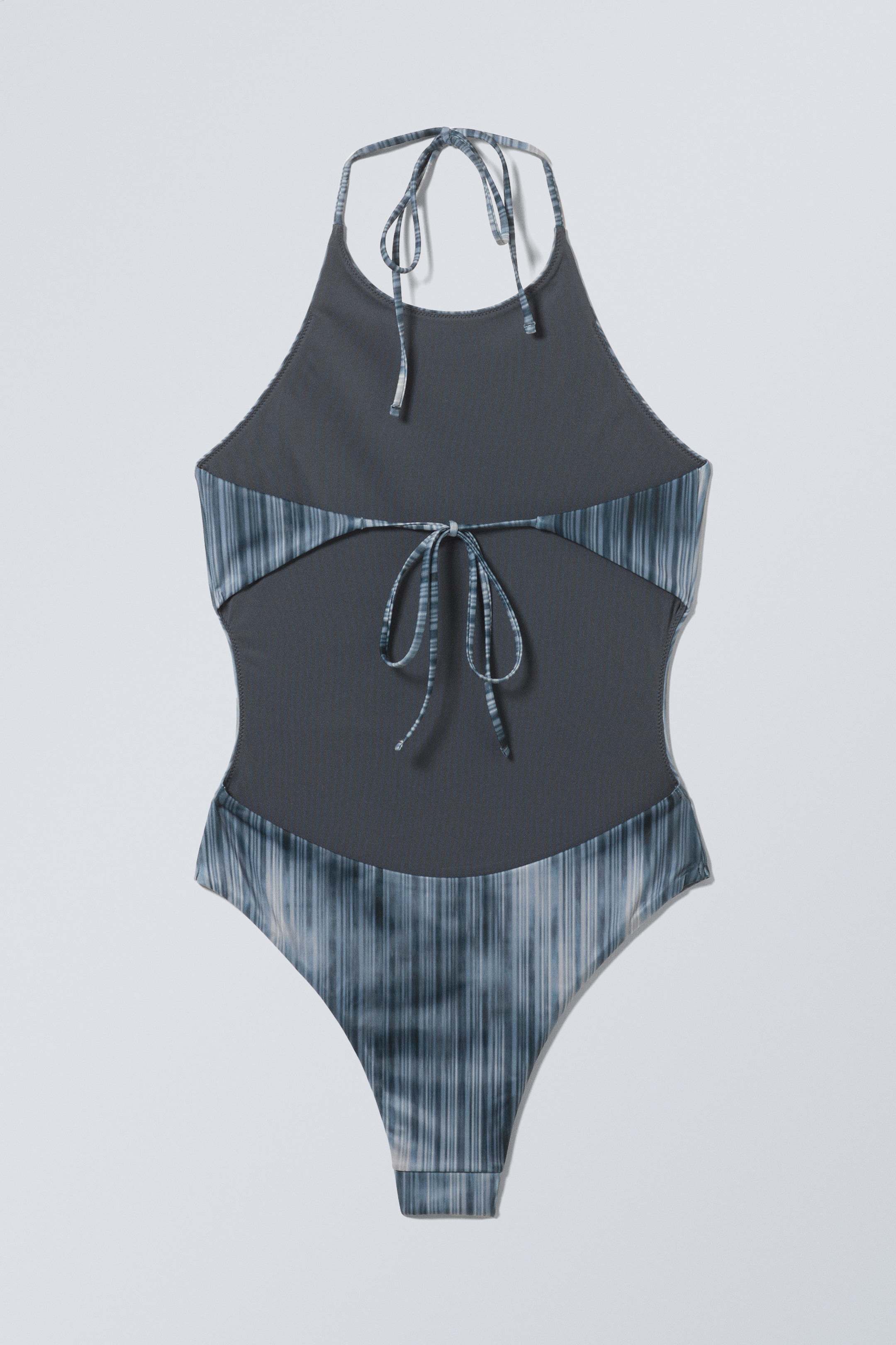Striped Dark Blue - Tie Printed Halter Neck Swimsuit - 2