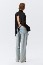 Black - Long-Sleeved Open Back Tie Shirt - 3