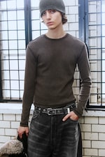Washed Dark Brown - Ribbed Long-Sleeved T-shirt - 0
