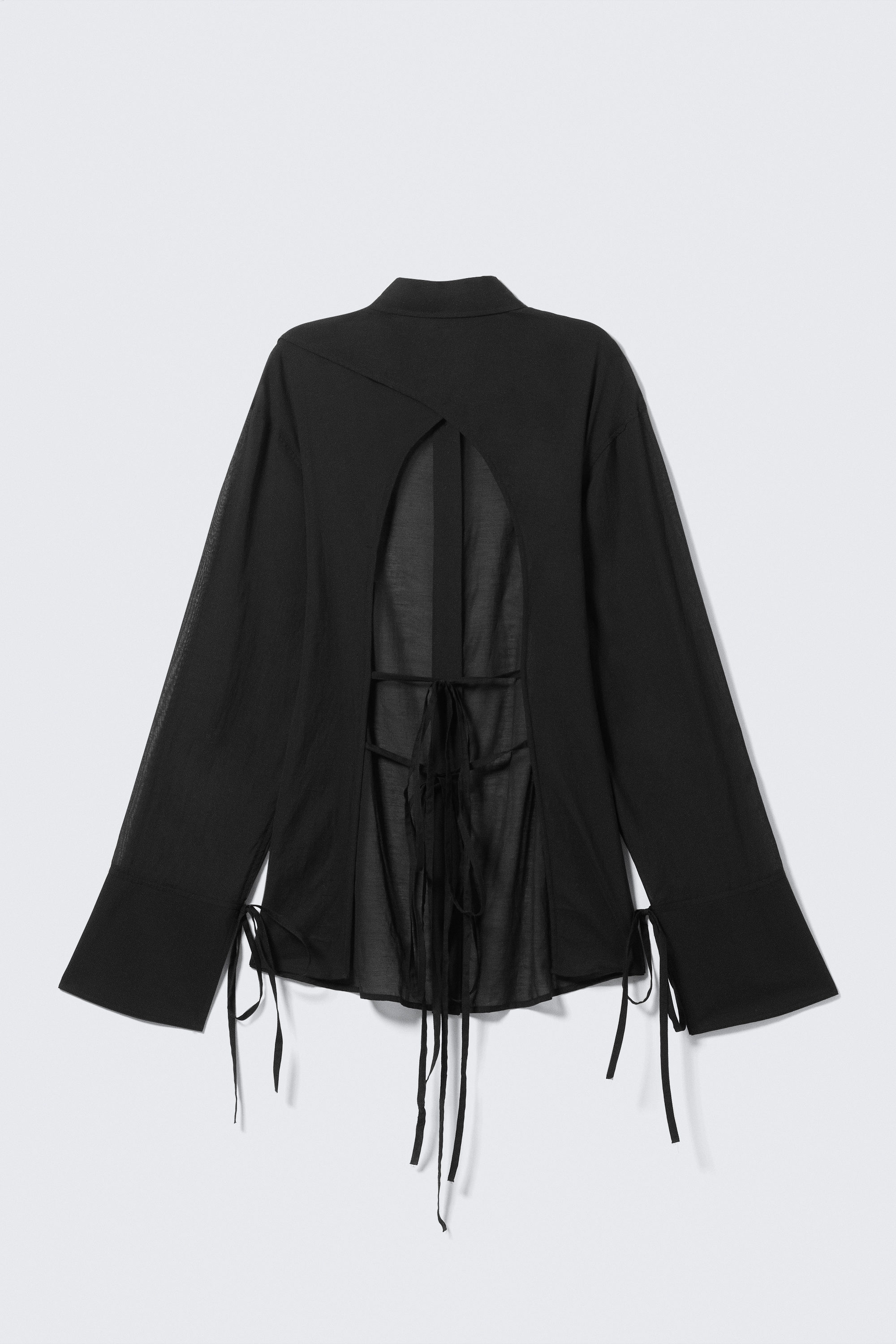 Black - Long-Sleeved Open Back Tie Shirt - 5