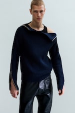 Navy Blue - Slim Zip-Sleeve Wool Sweater - 0