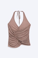 Washed Brown - Ruched Halter Jersey Top - 4