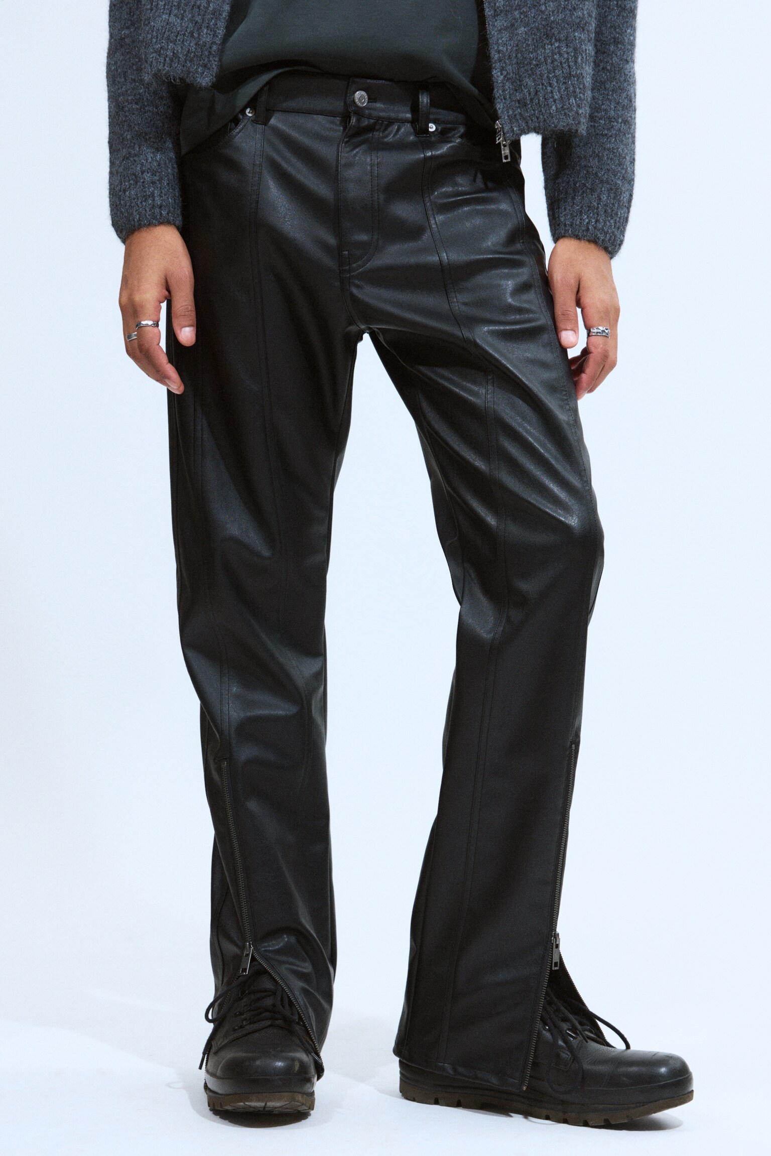 Space Relaxed Faux Leather Zip Hem Trousers - Black - 3