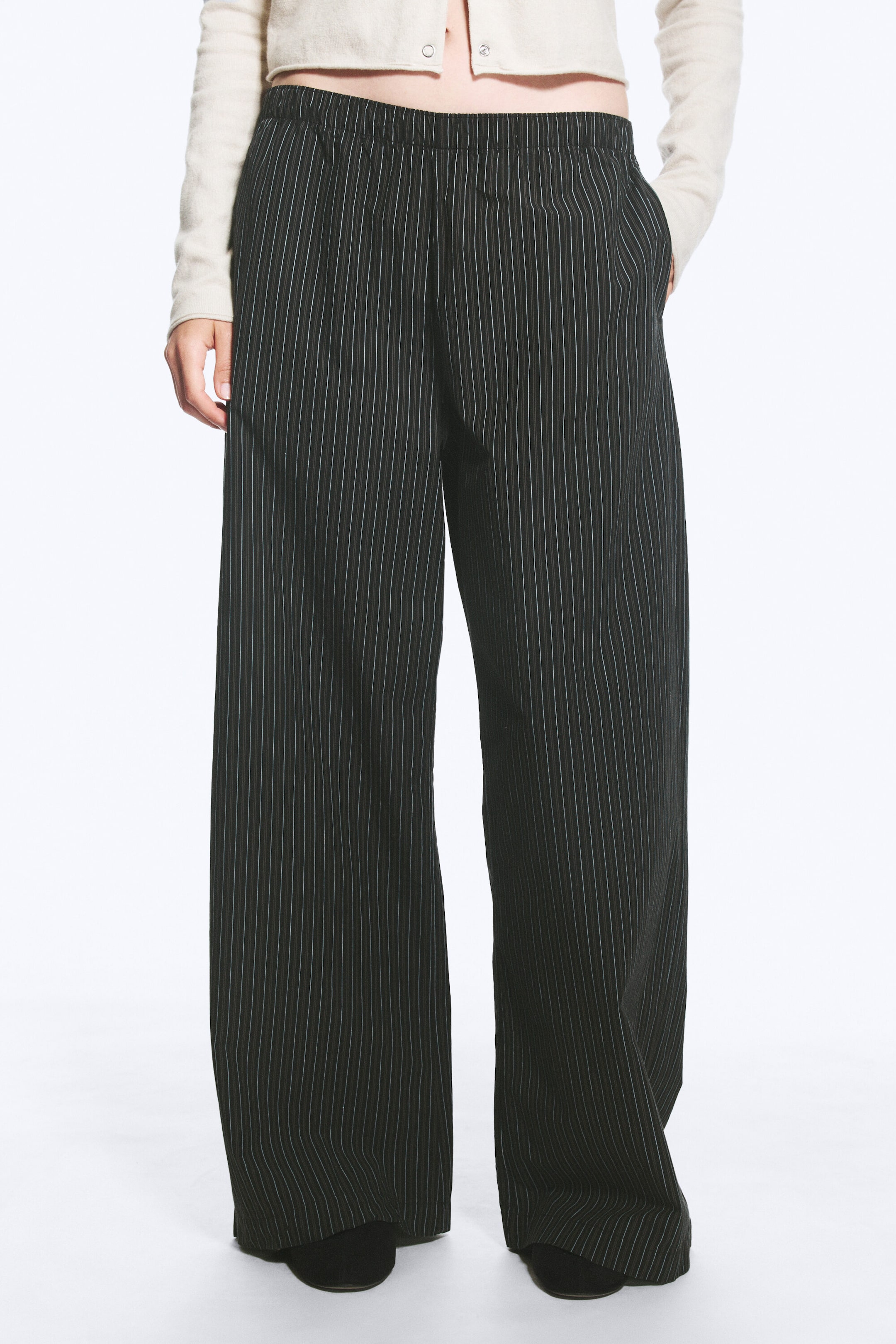 Striped Black - Low Loose Cotton Trousers - 2