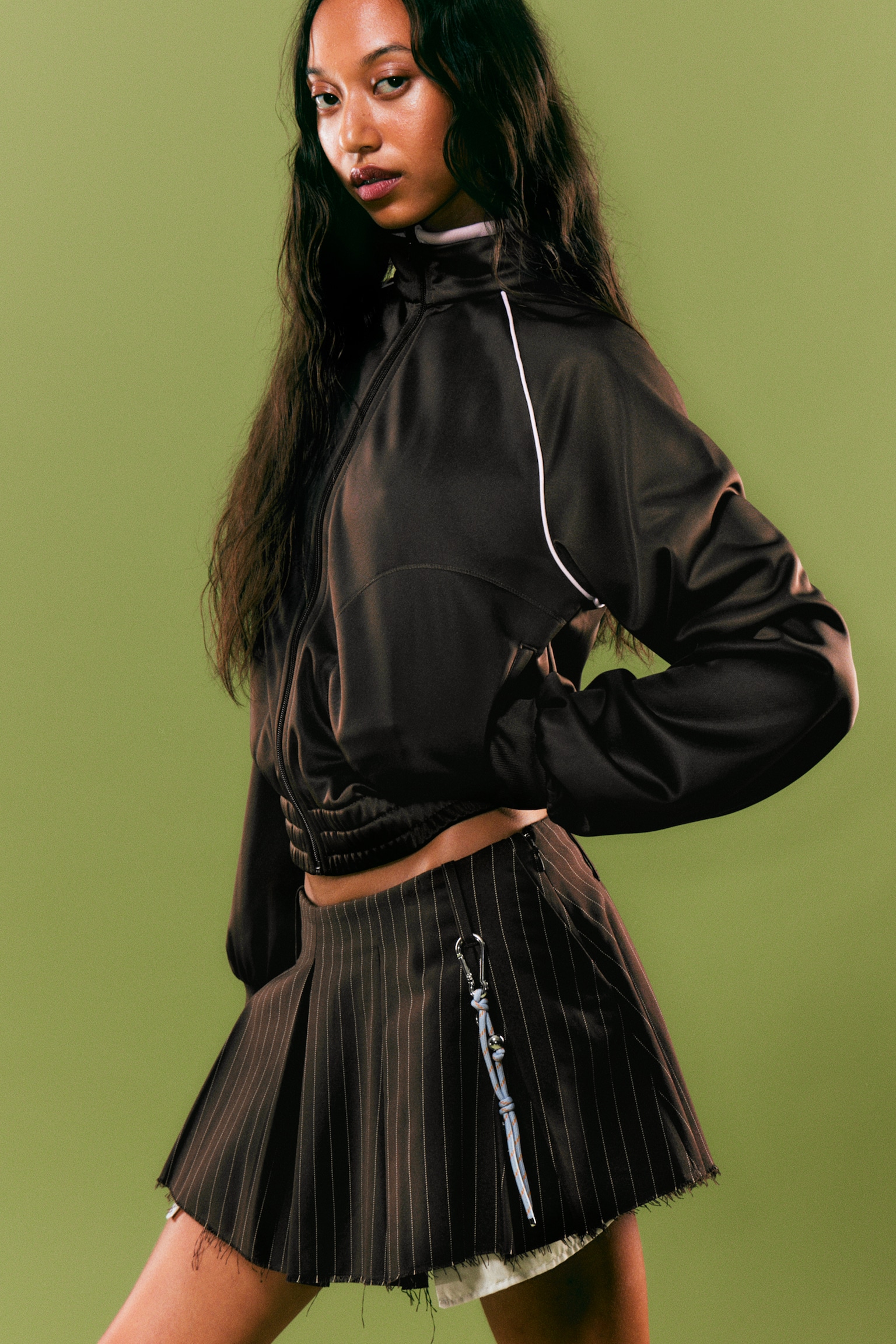 Pleated Mini Suiting Skirt - Striped Dark Brown/Dark Grey Melange - 5