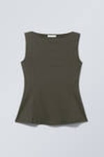 Dark Khaki Green - Peplum Boat-Neck Top - 0
